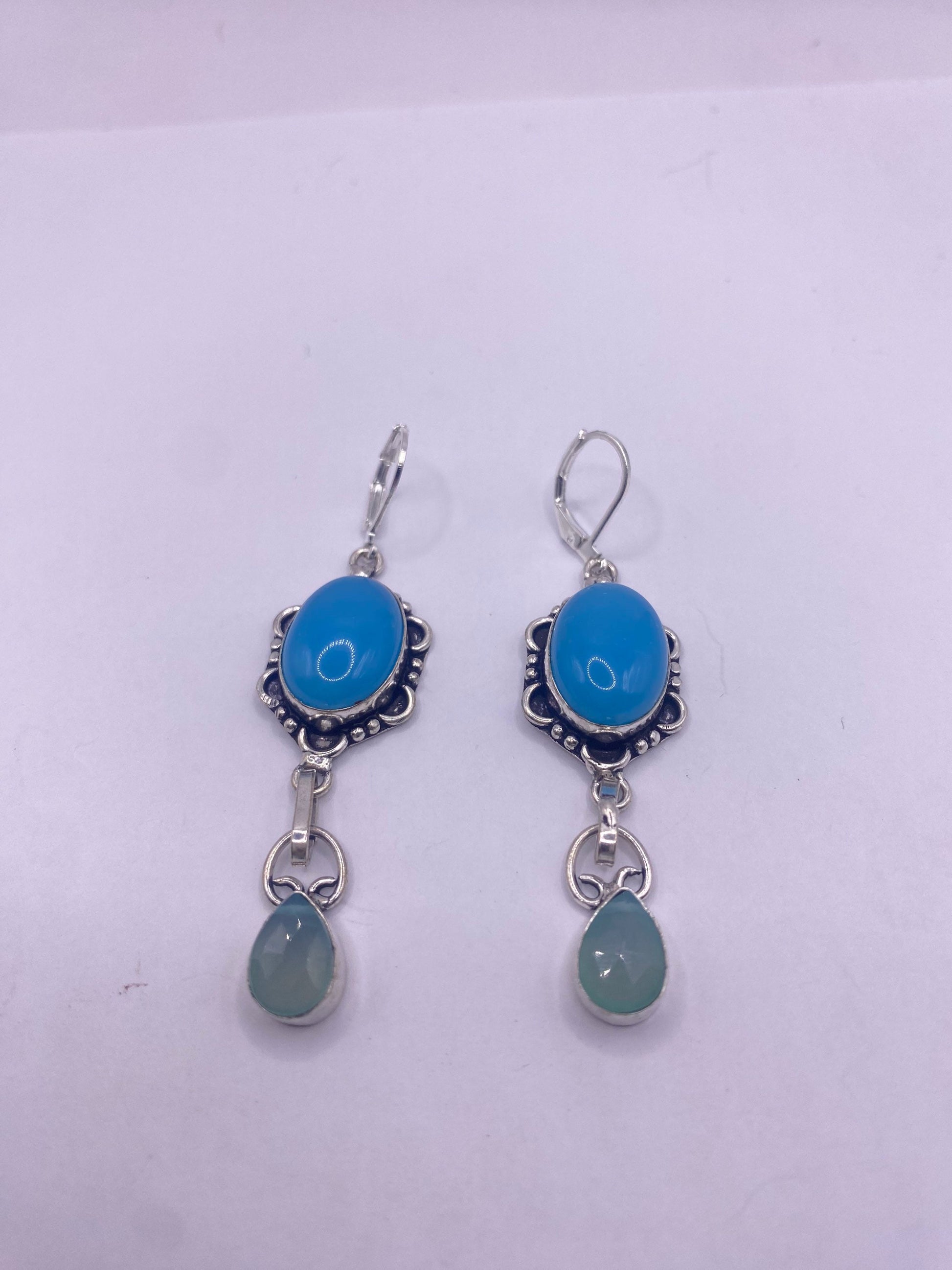 Vintage Blue Chalcedony Chandelier Earrings Silver Dangle