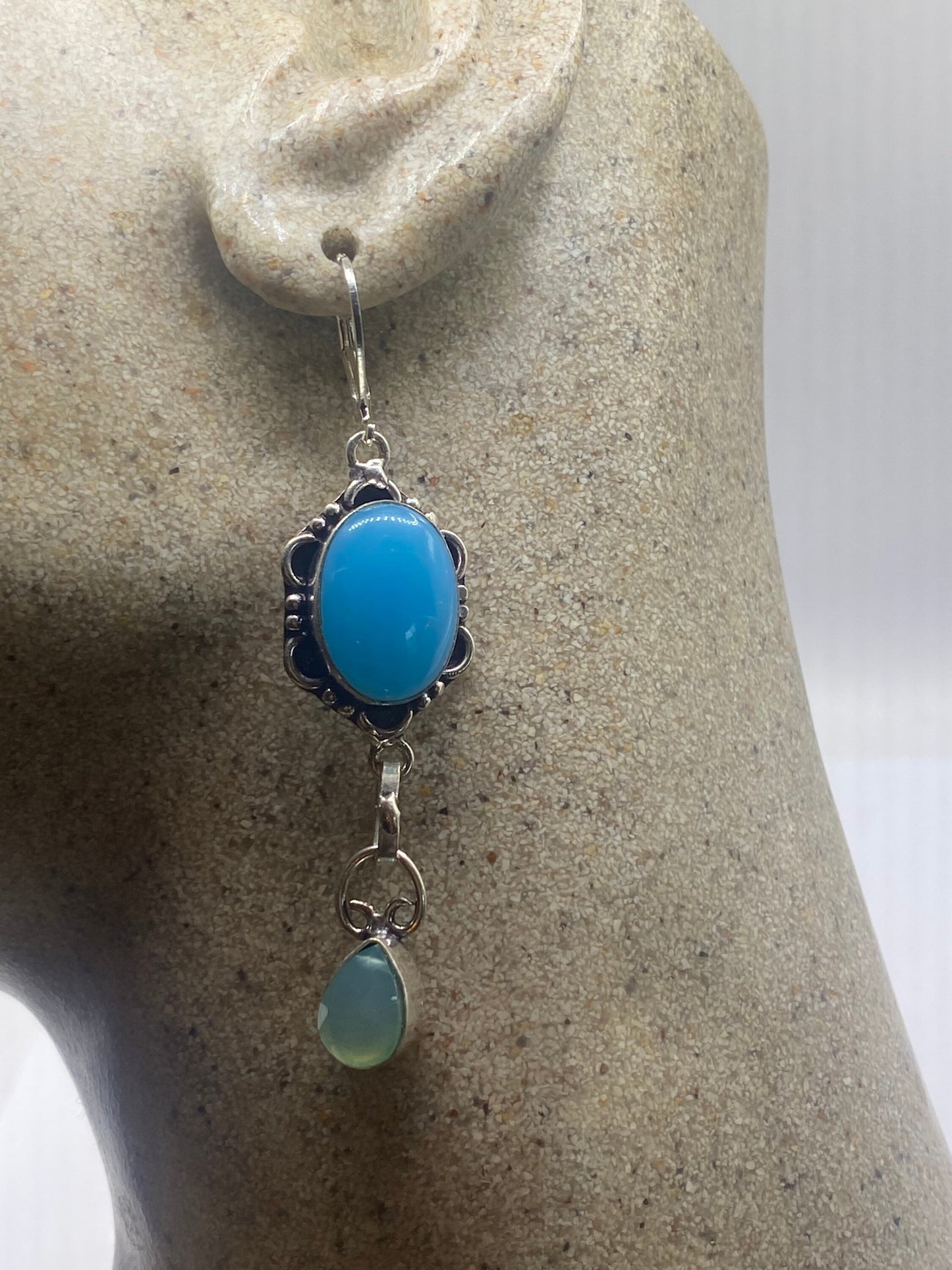 Vintage Blue Chalcedony Chandelier Earrings Silver Dangle