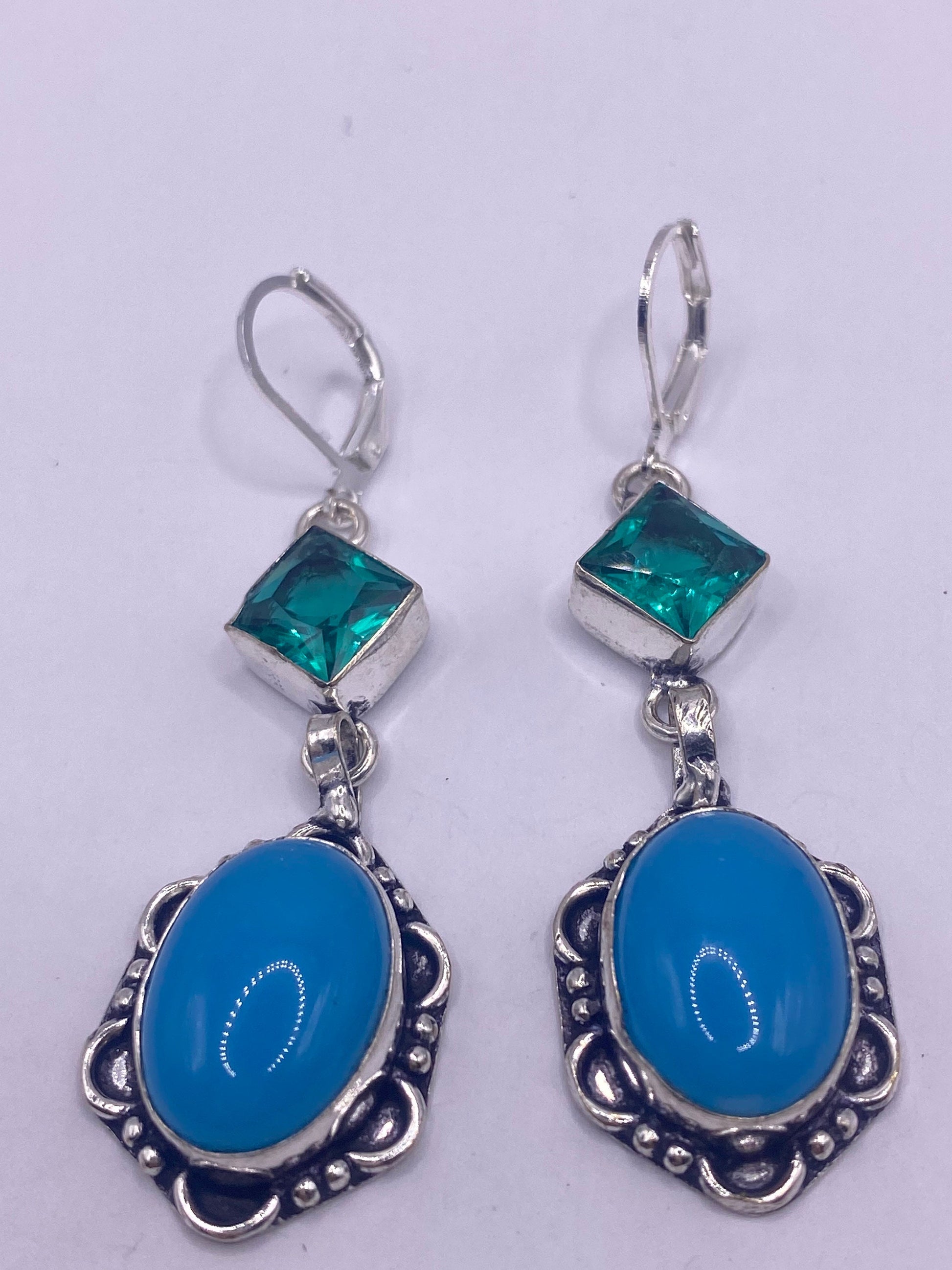 Vintage Blue Chalcedony Chandelier Earrings Silver Dangle