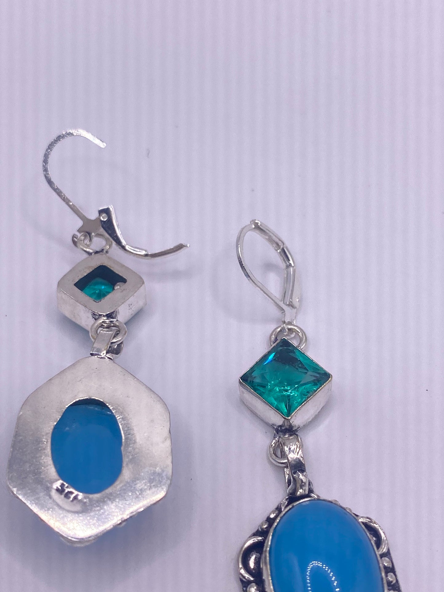 Vintage Blue Chalcedony Chandelier Earrings Silver Dangle