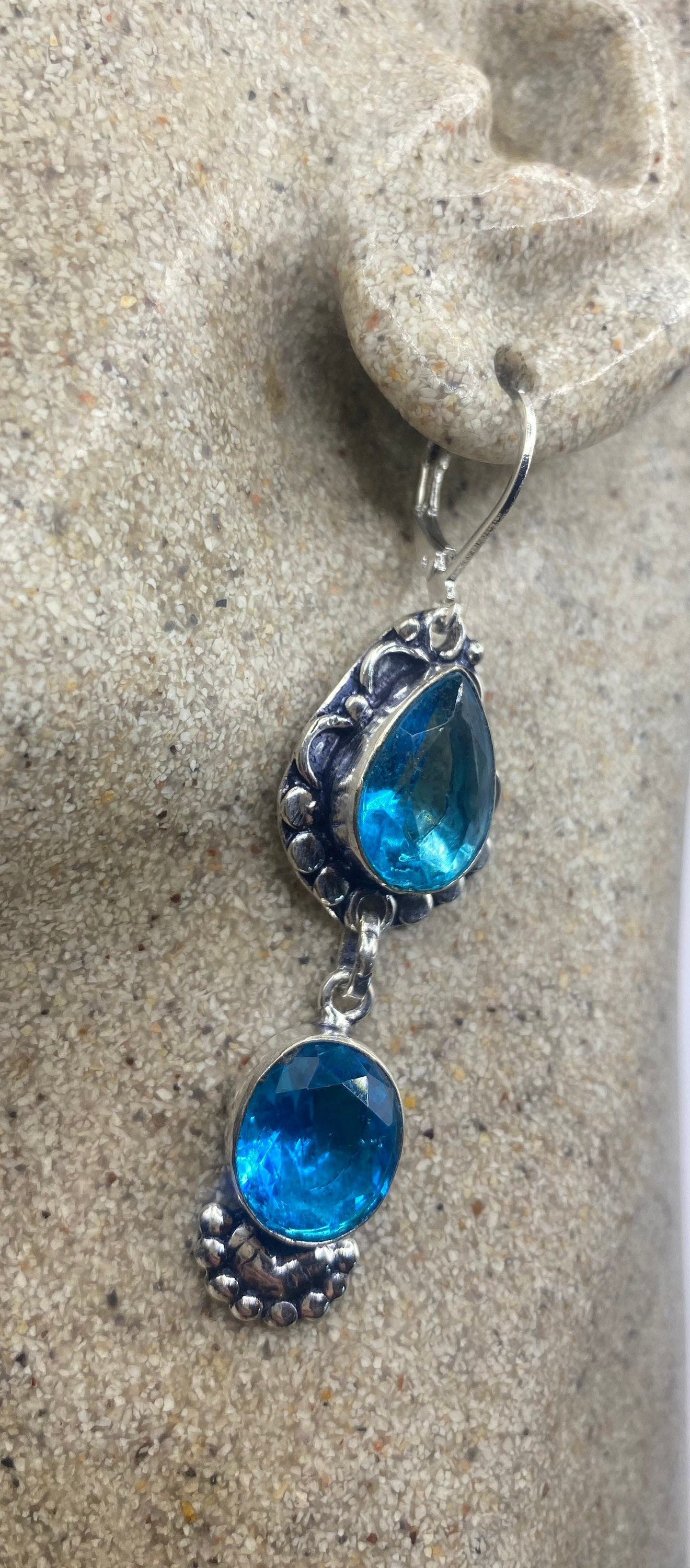 Vintage aqua Blue Glass Earrings 925 Sterling Silver Lever-back