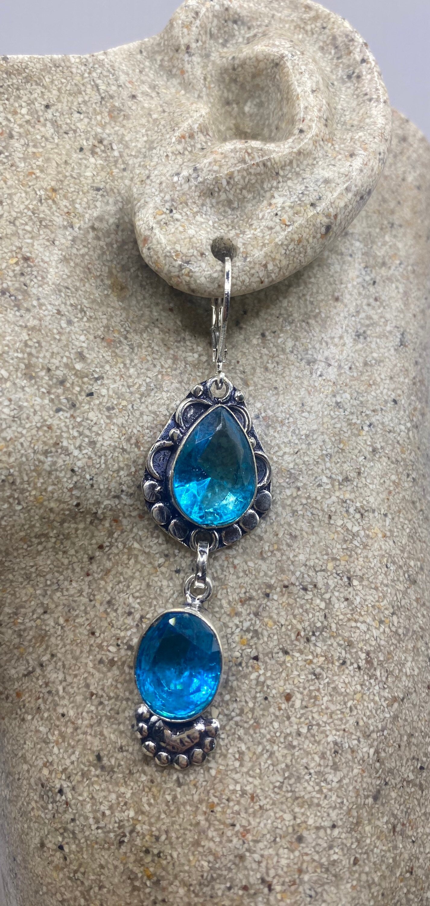 Vintage aqua Blue Glass Earrings 925 Sterling Silver Lever-back