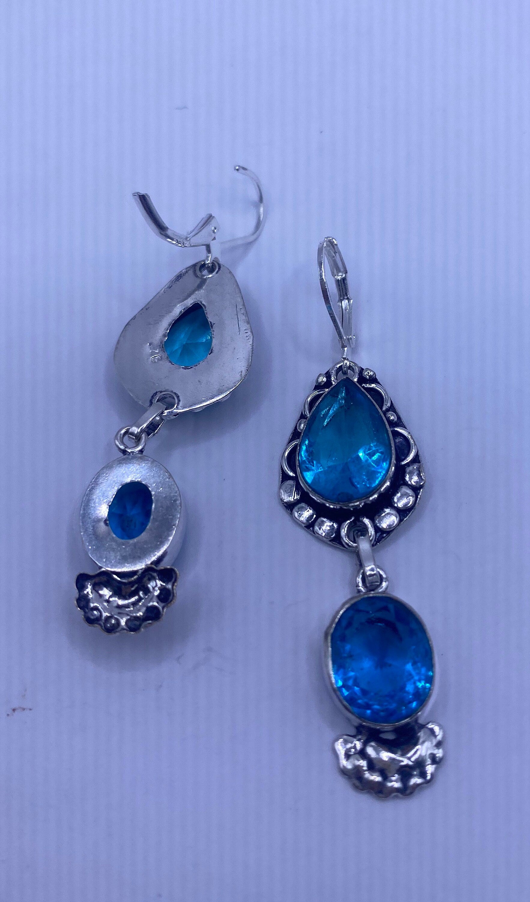Vintage aqua Blue Glass Earrings 925 Sterling Silver Lever-back