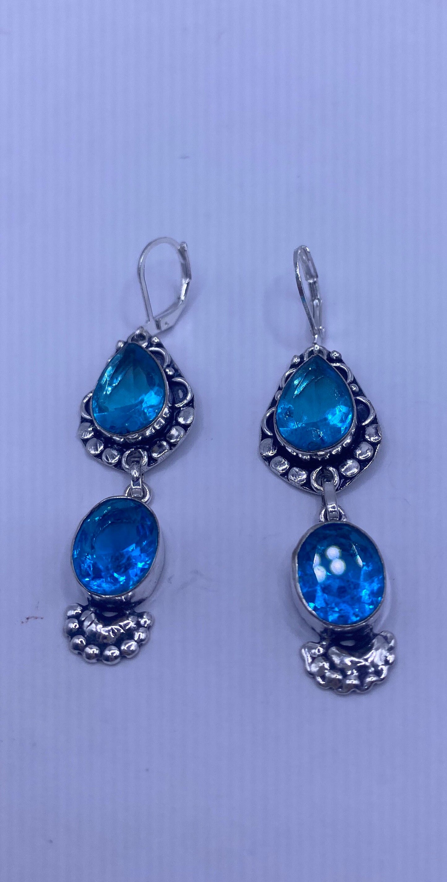 Vintage aqua Blue Glass Earrings 925 Sterling Silver Lever-back