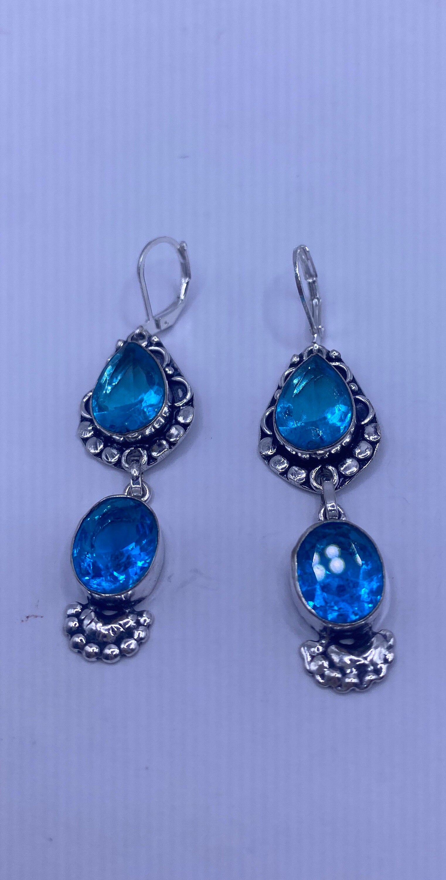 Vintage aqua Blue Glass Earrings 925 Sterling Silver Lever-back