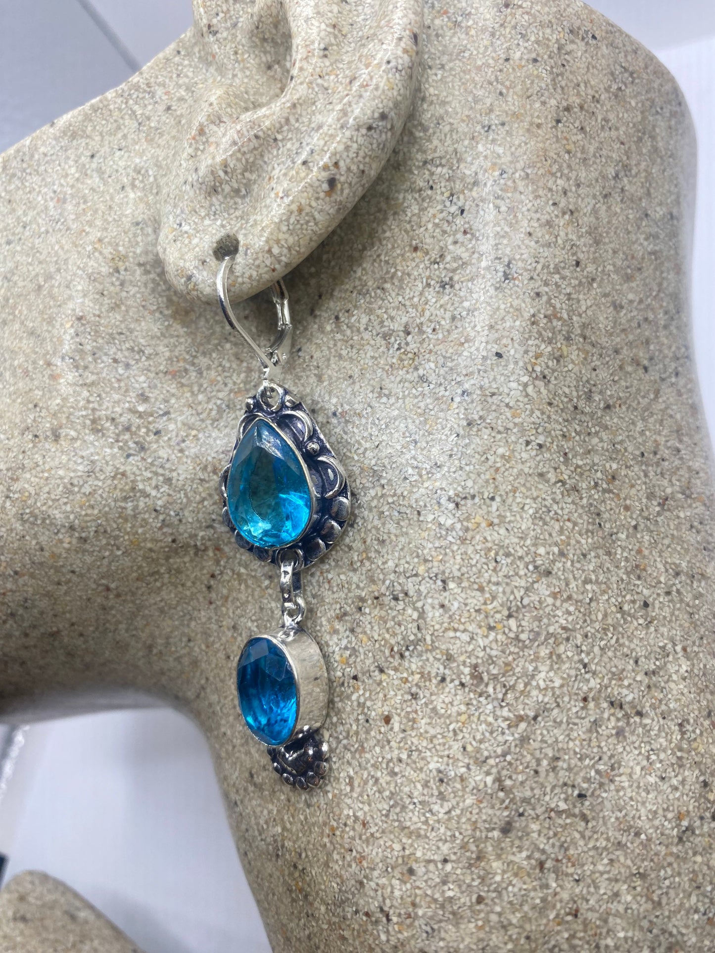 Vintage aqua Blue Glass Earrings 925 Sterling Silver Lever-back
