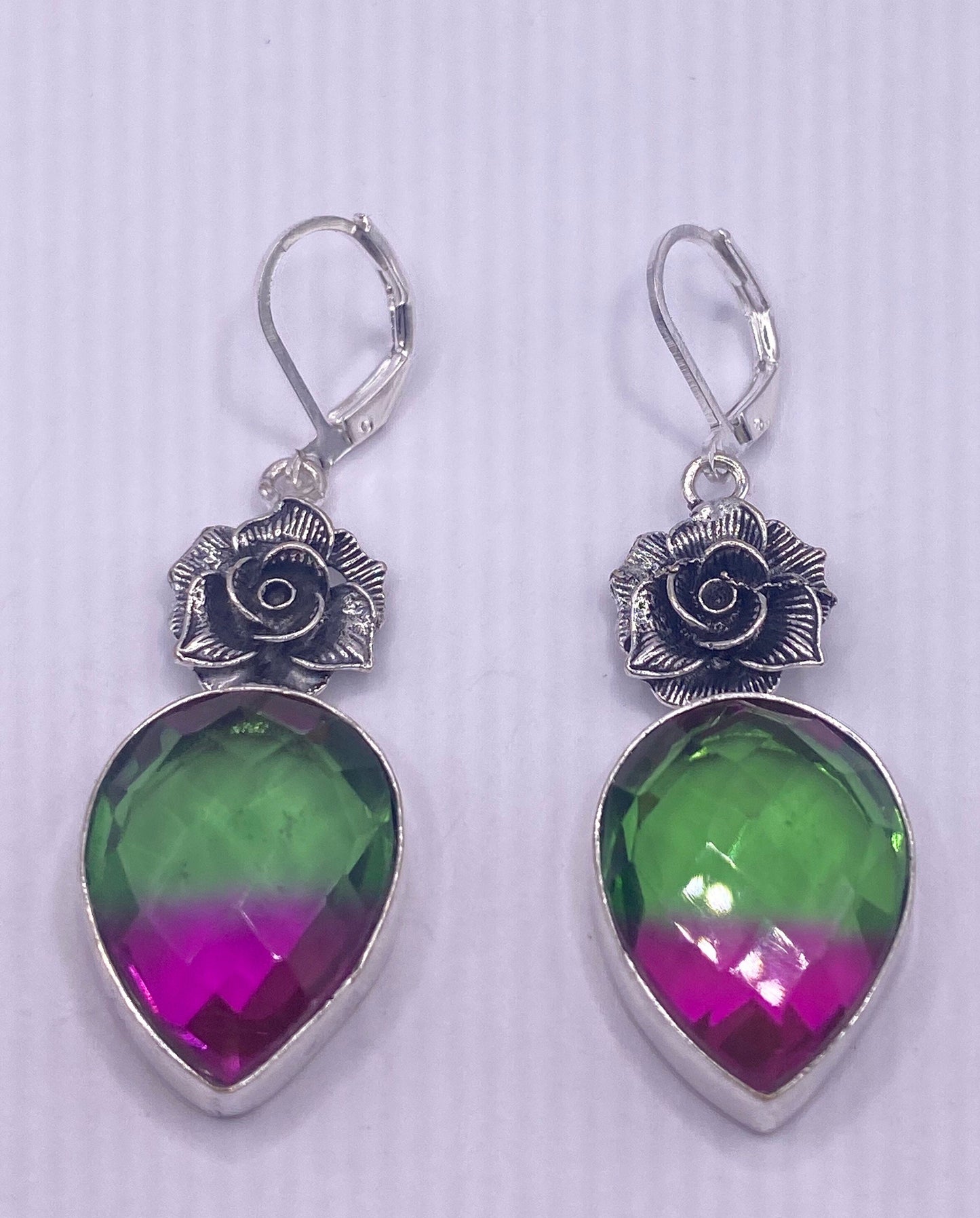 Vintage Green Pink Crystal Glass Earrings 925 Sterling Silver Leverback