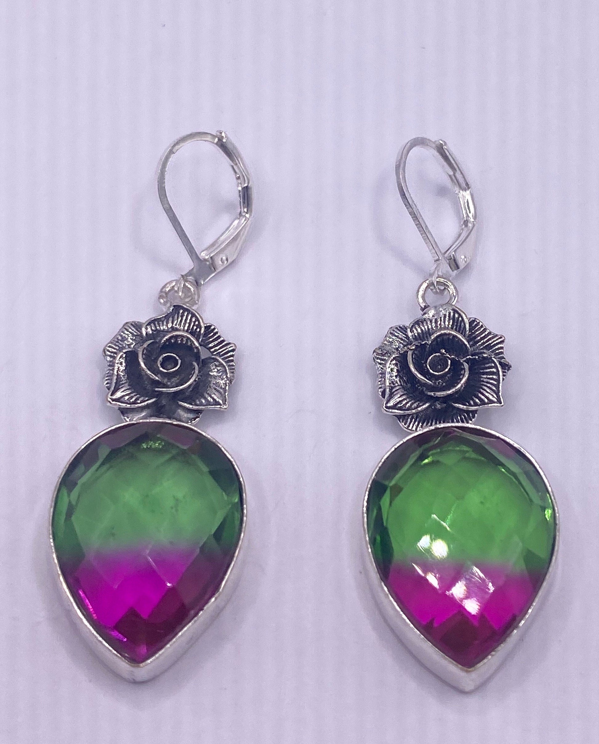 Vintage Green Pink Crystal Glass Earrings 925 Sterling Silver Leverback