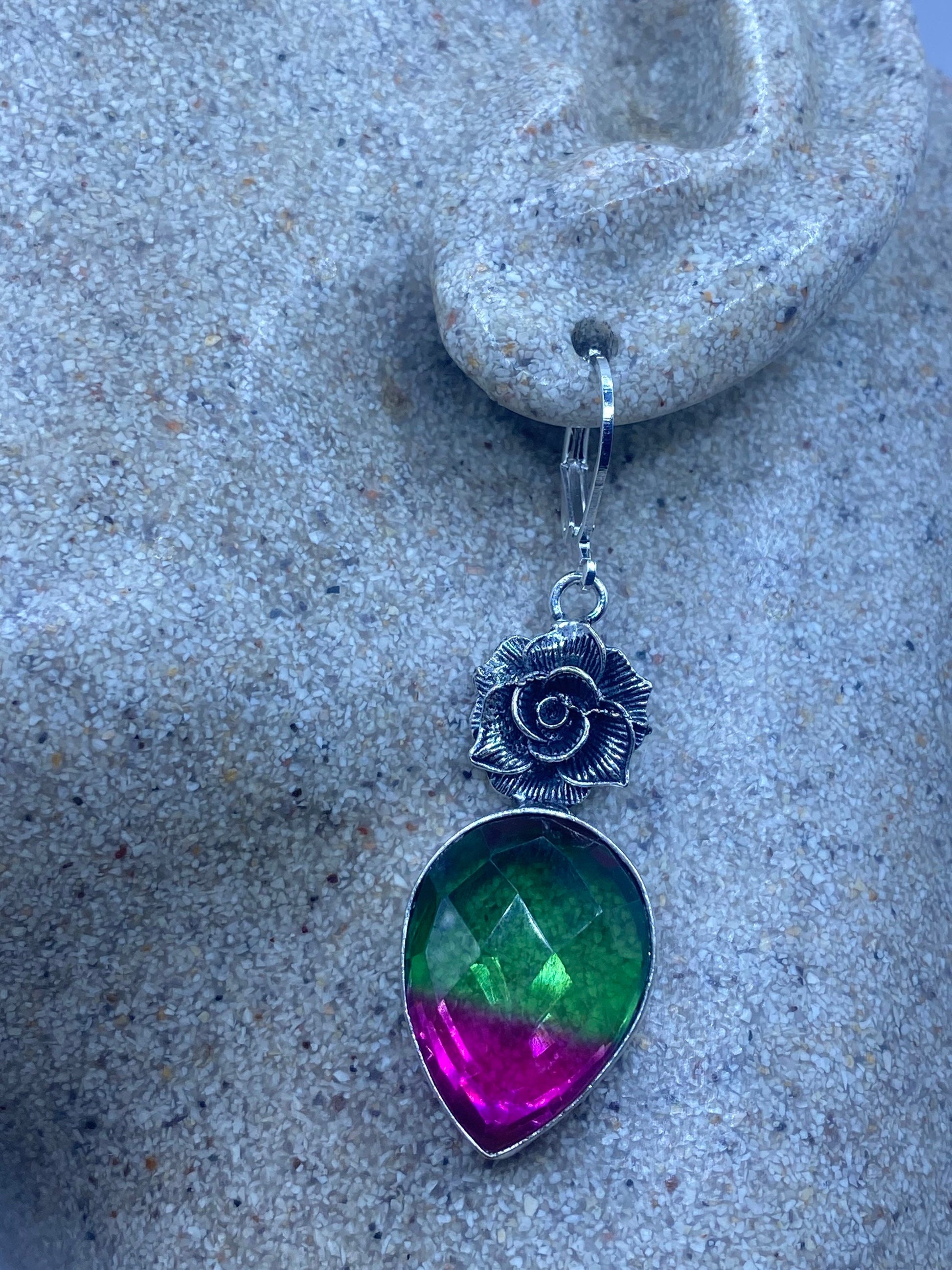 Vintage Green Pink Crystal Glass Earrings 925 Sterling Silver Leverback