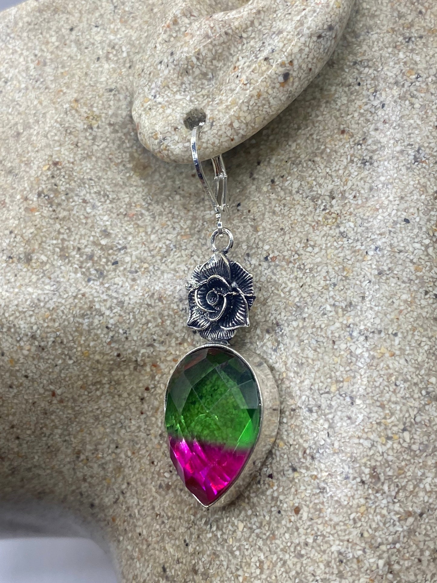Vintage Green Pink Crystal Glass Earrings 925 Sterling Silver Leverback