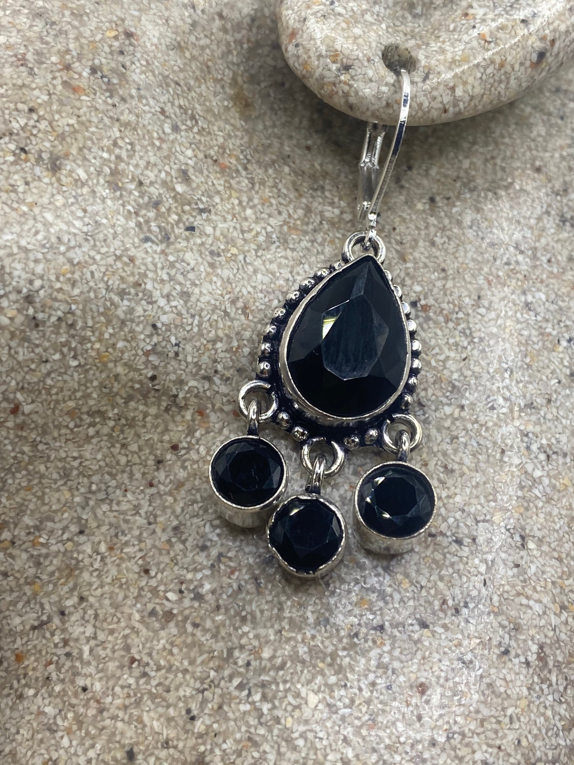 Vintage Black Onyx Earrings 925 Sterling Silver Deco Dangle Chandelier