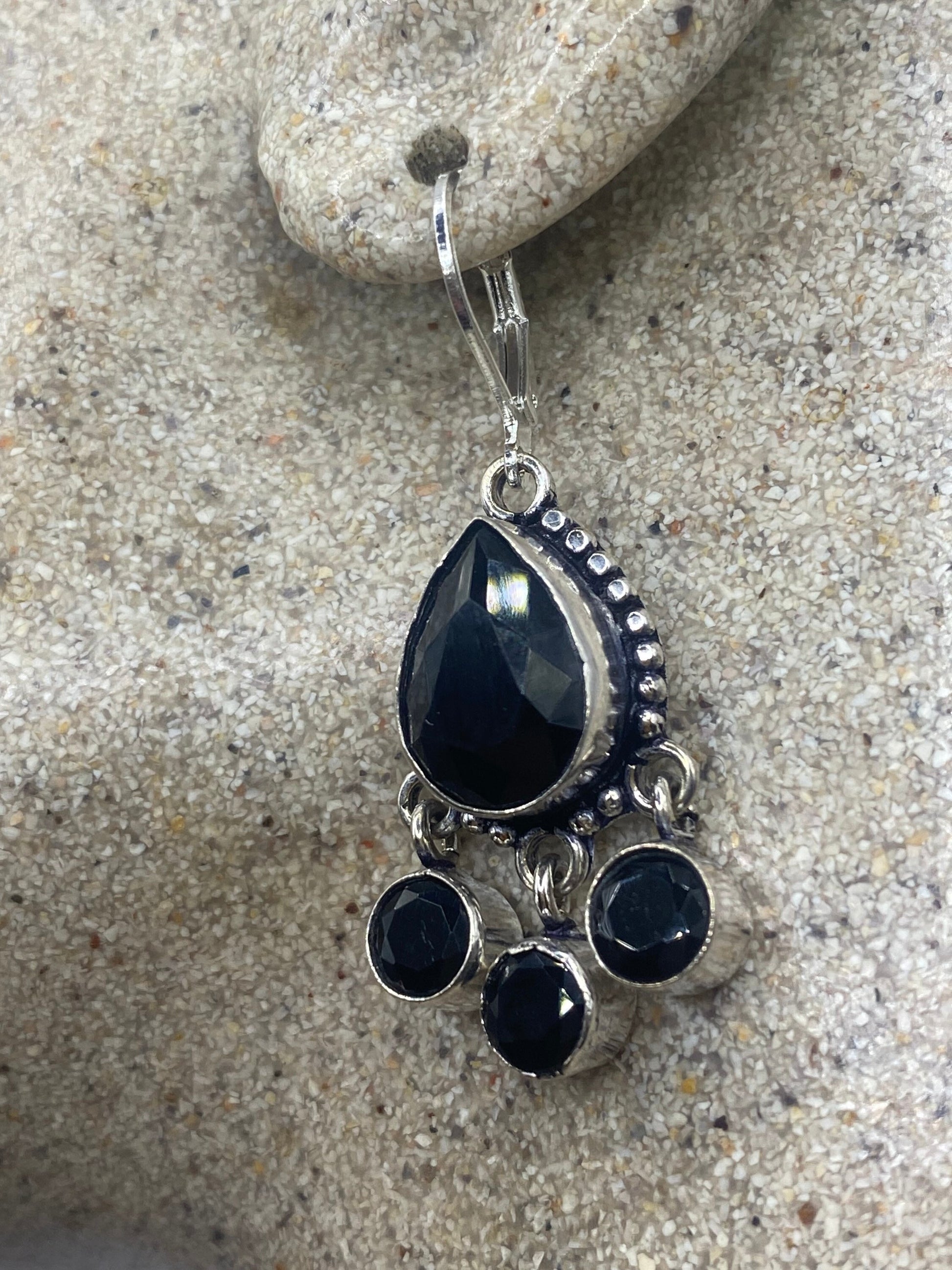 Vintage Black Onyx Earrings 925 Sterling Silver Deco Dangle Chandelier