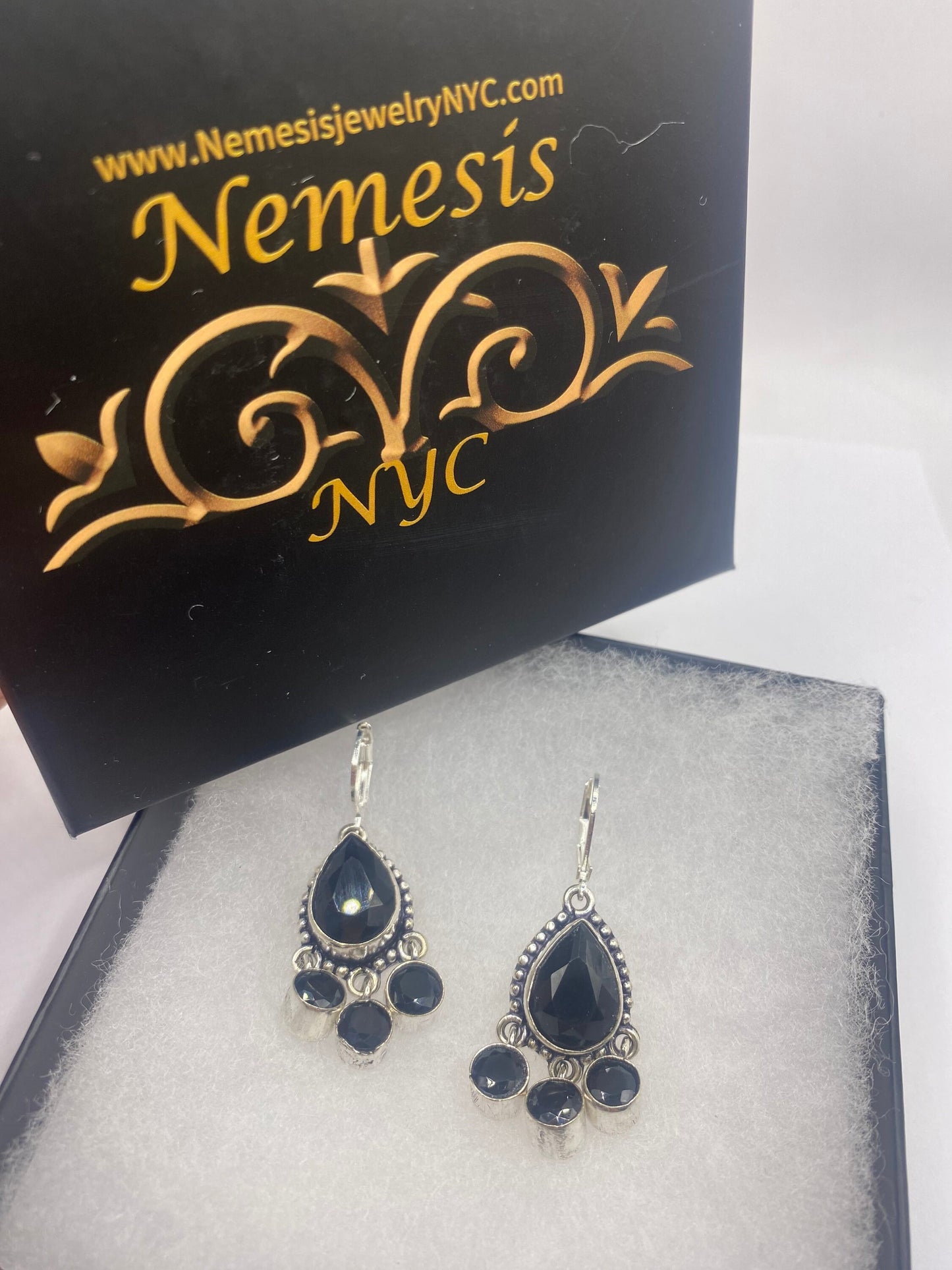 Vintage Black Onyx Earrings 925 Sterling Silver Deco Dangle Chandelier