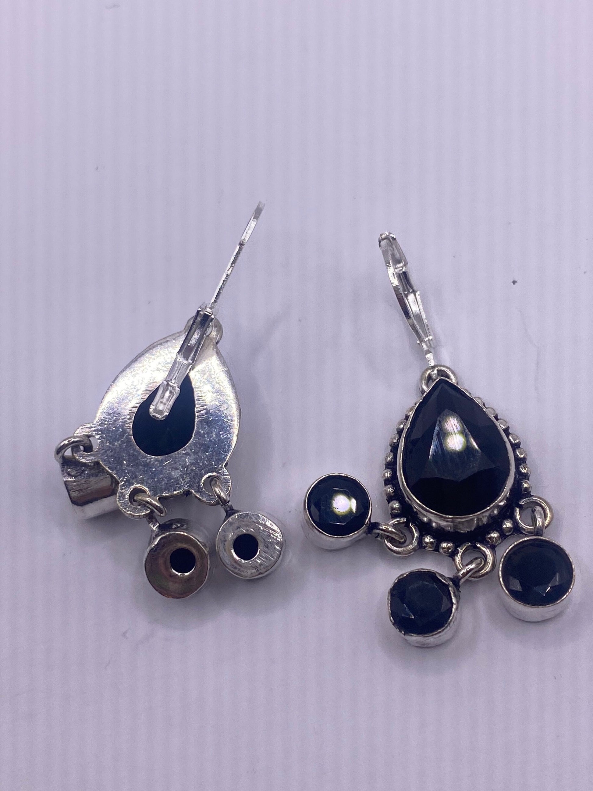 Vintage Black Onyx Earrings 925 Sterling Silver Deco Dangle Chandelier