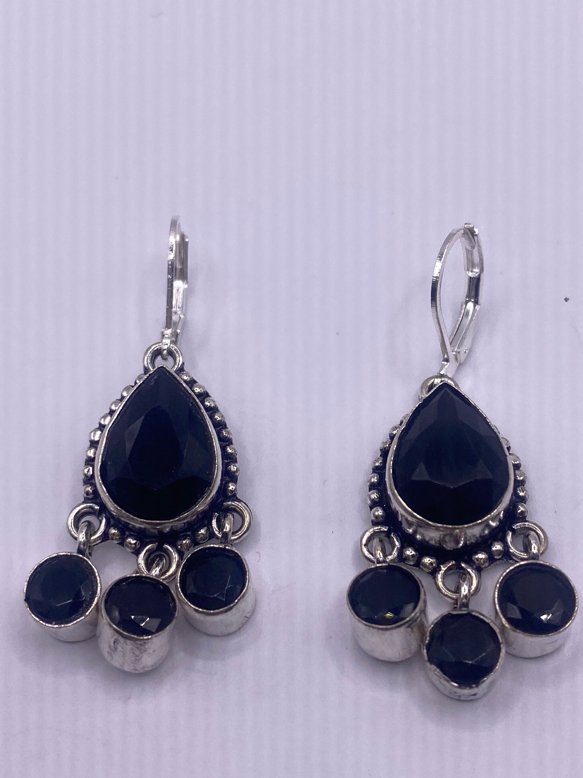 Vintage Black Onyx Earrings 925 Sterling Silver Deco Dangle Chandelier