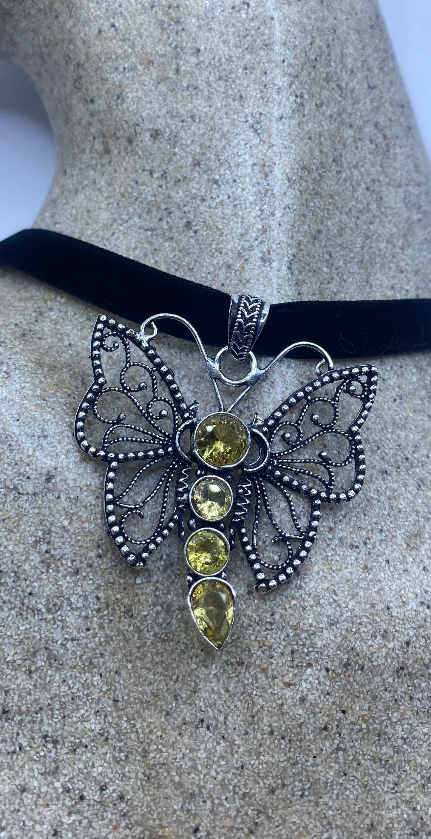 Vintage Silver Golden Citrine Dragonfly Choker Black Velvet Necklace.