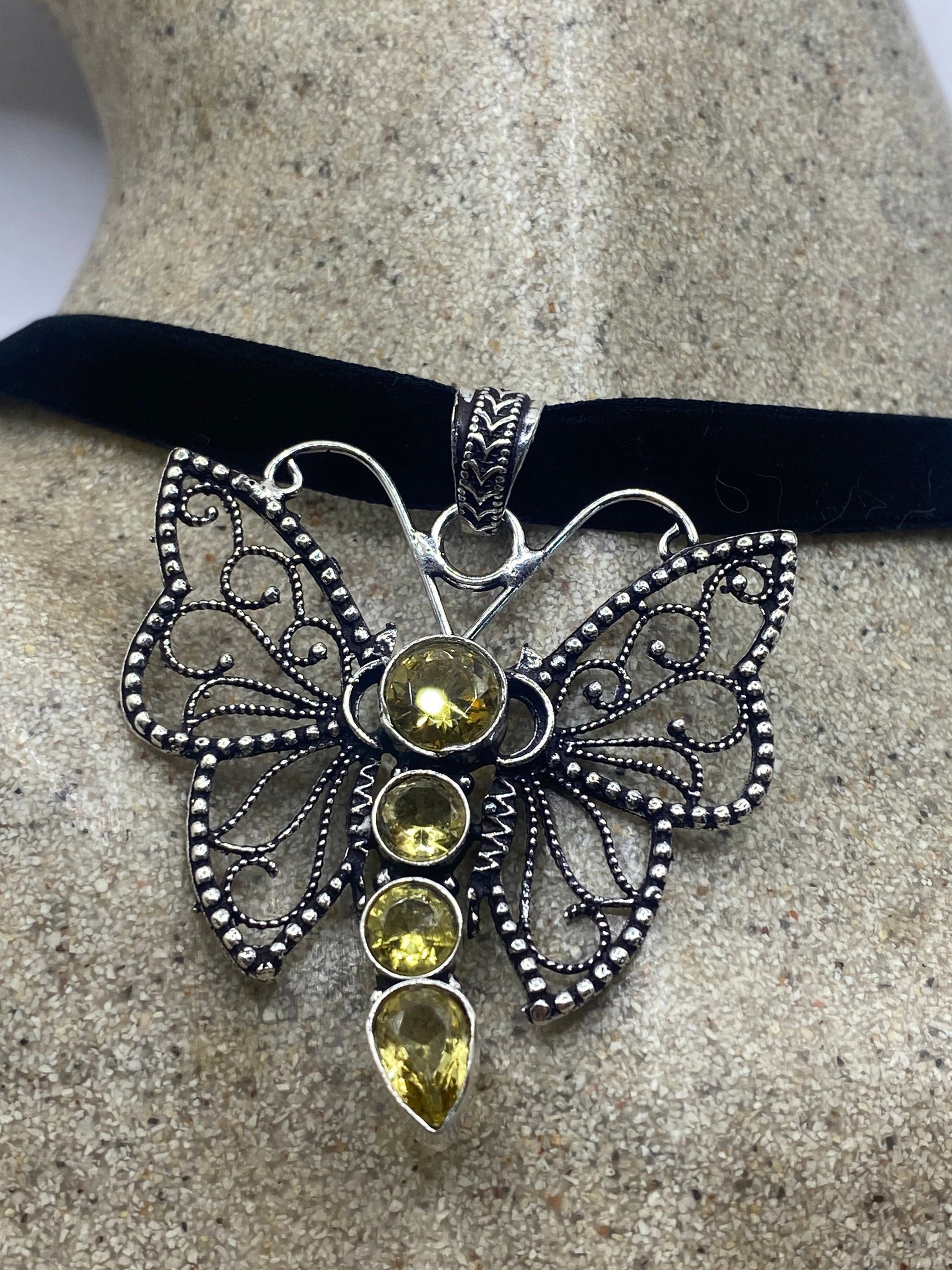 Vintage Silver Golden Citrine Dragonfly Choker Black Velvet Necklace.