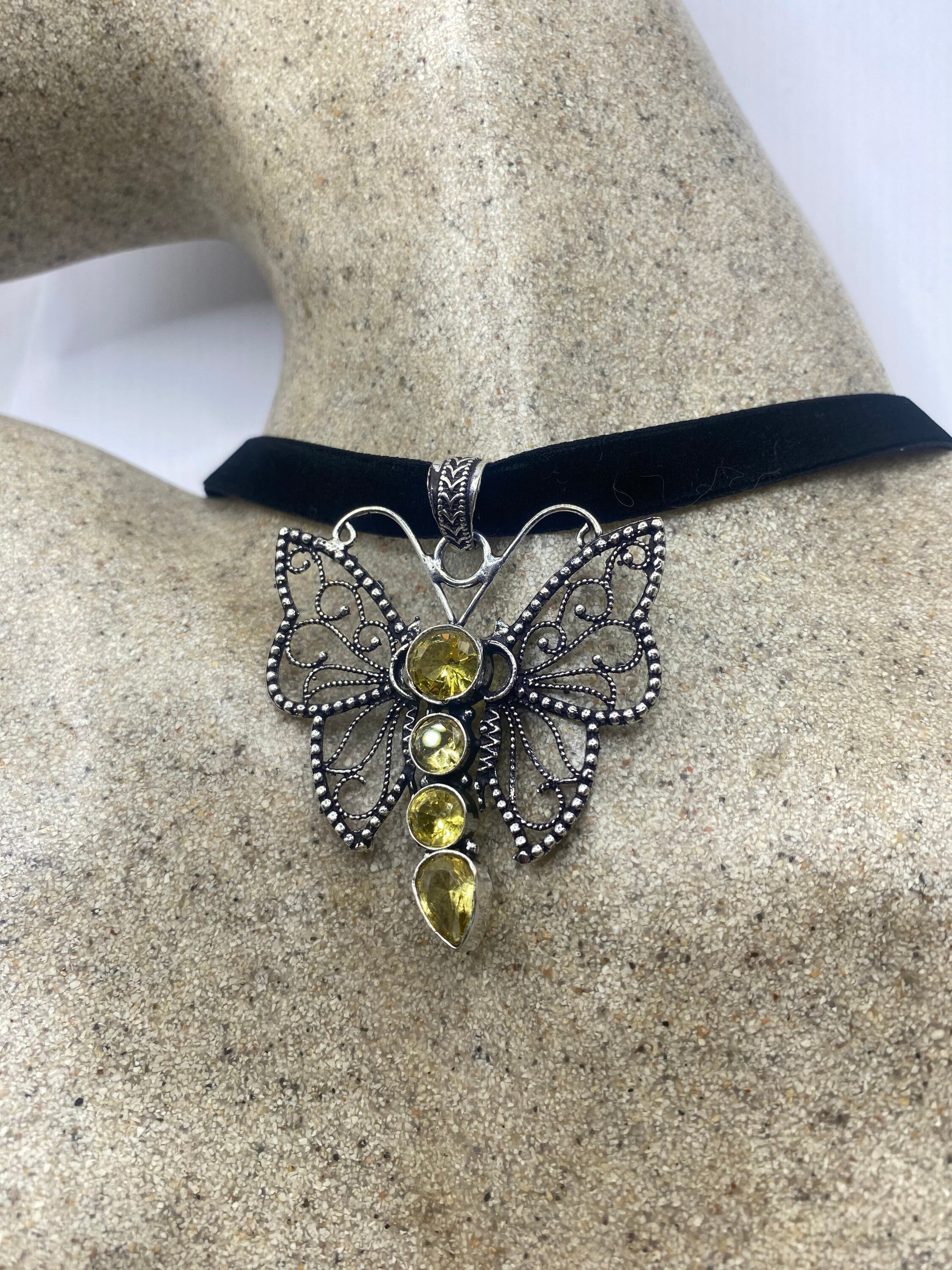 Vintage Silver Golden Citrine Dragonfly Choker Black Velvet Necklace.