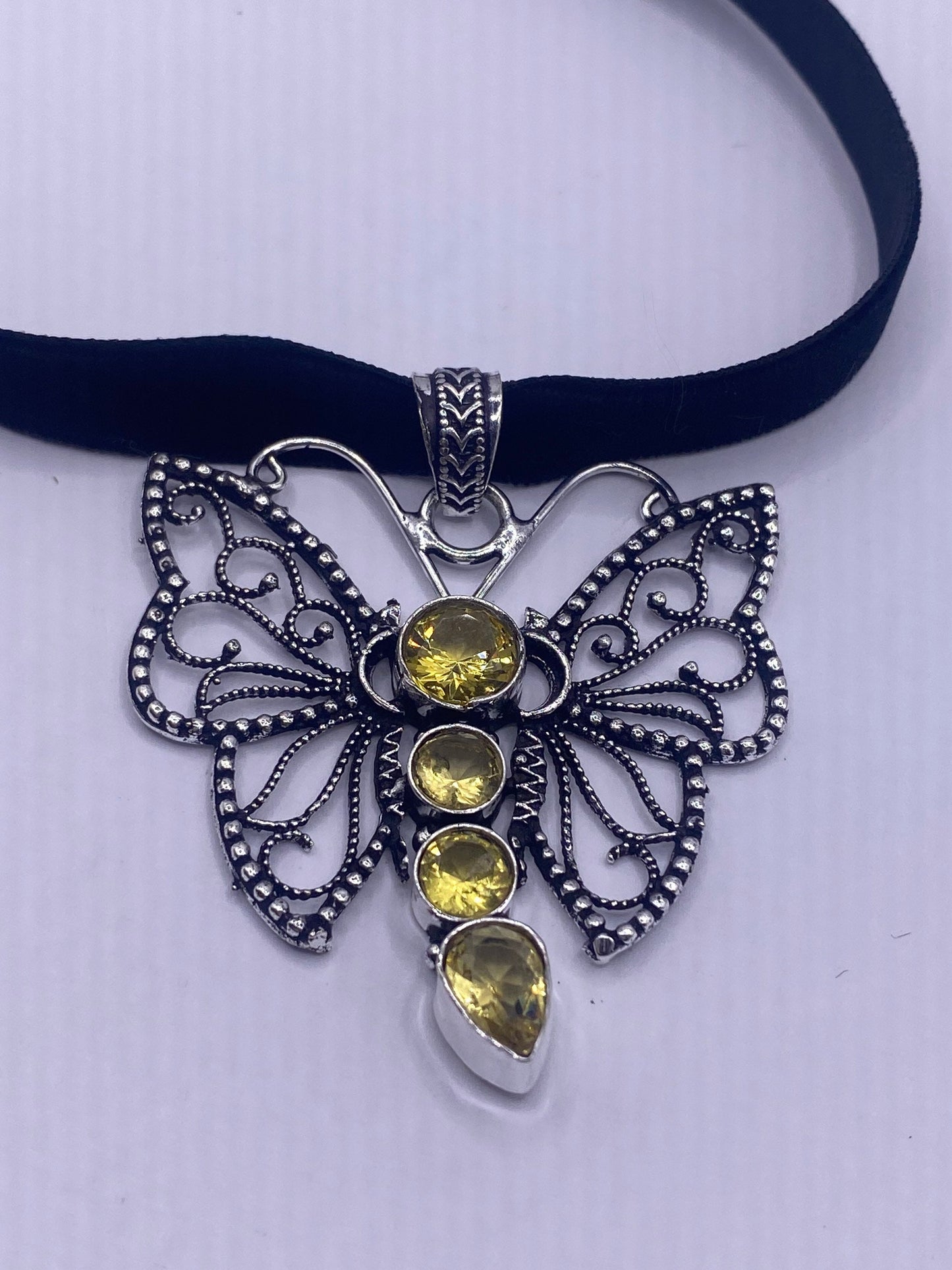 Vintage Silver Golden Citrine Dragonfly Choker Black Velvet Necklace.