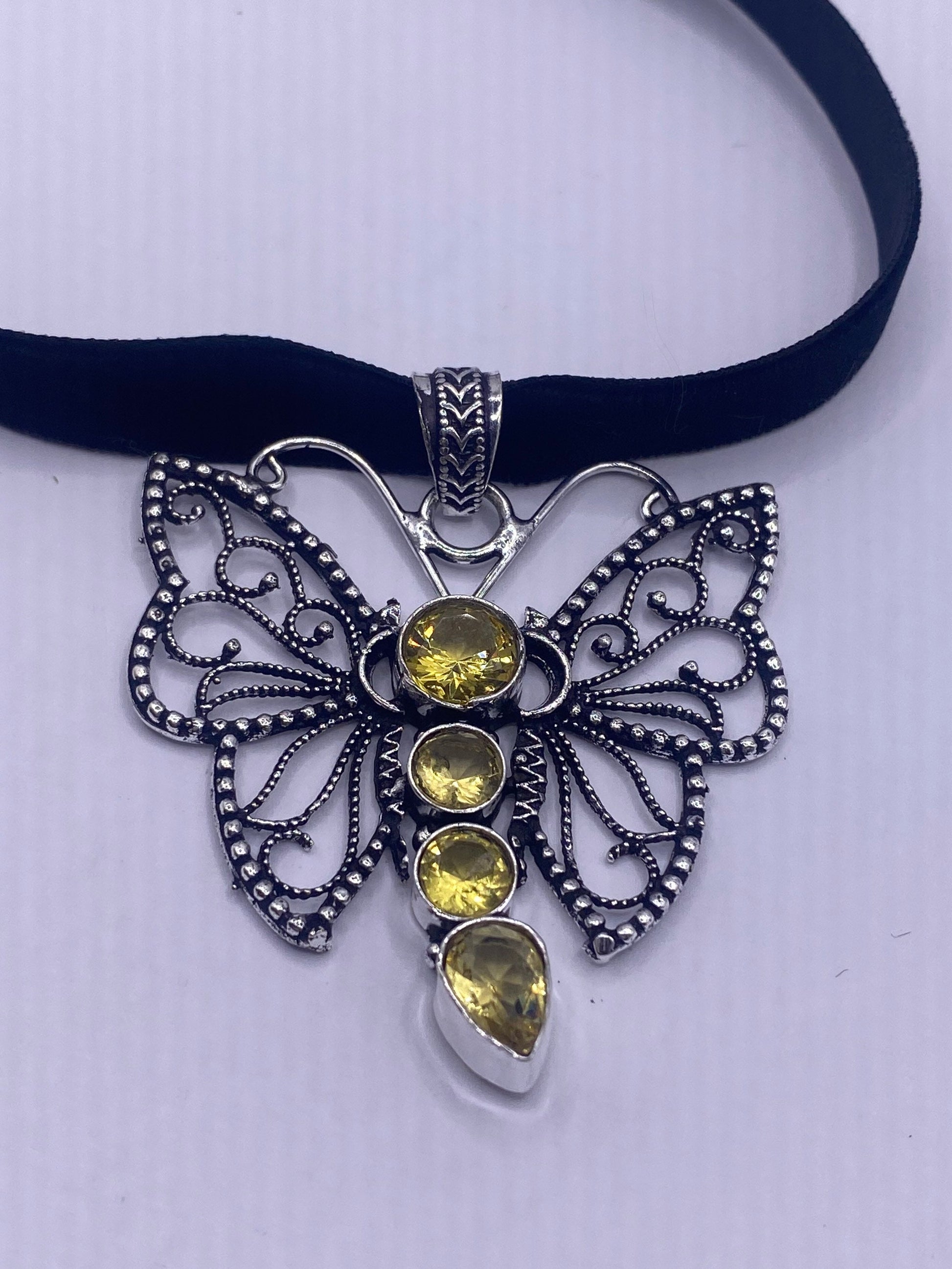 Vintage Silver Golden Citrine Dragonfly Choker Black Velvet Necklace.