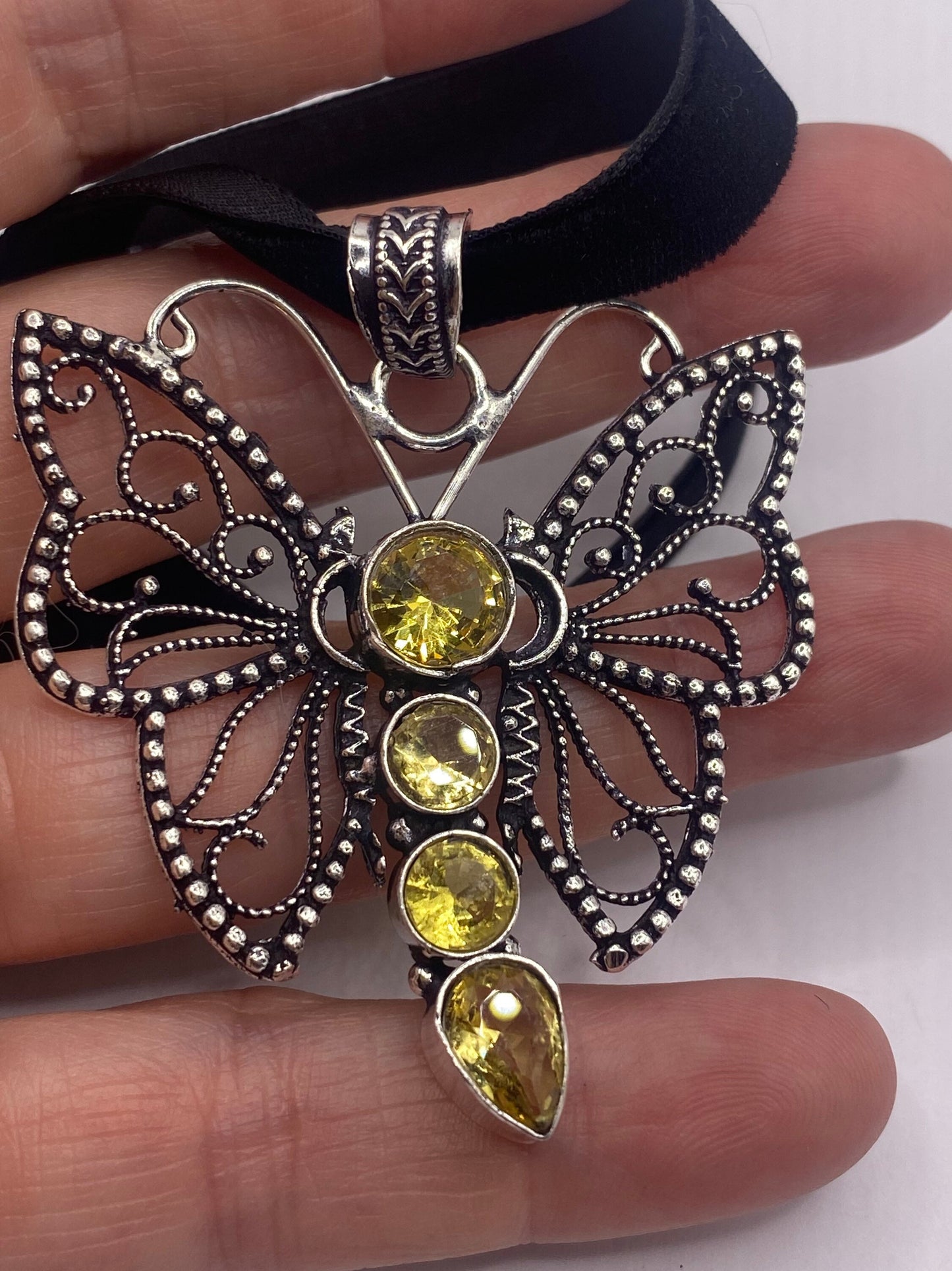 Vintage Silver Golden Citrine Dragonfly Choker Black Velvet Necklace.