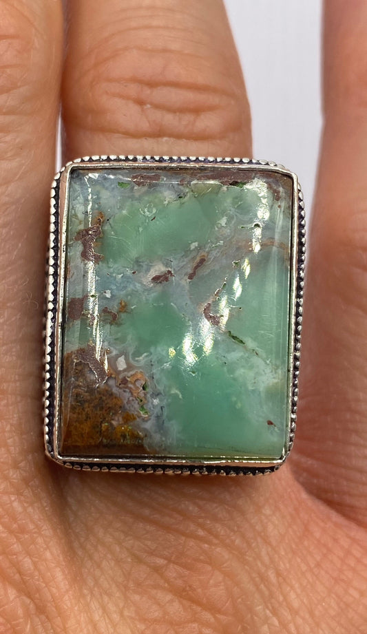 Vintage Green Amazonite Silver Ring Size 8