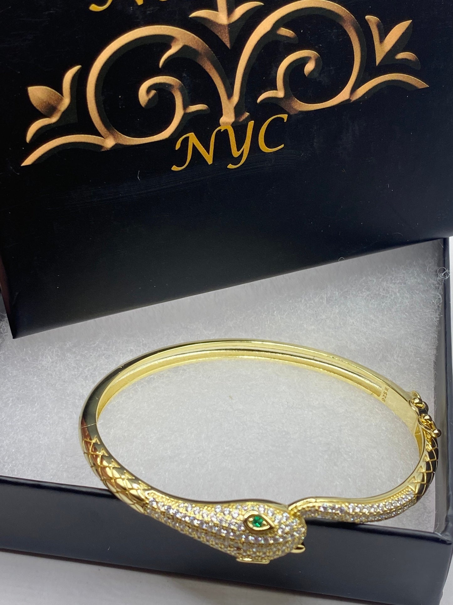Vintage Snake Bangle Bracelet Gold Finished 925 Sterling Silver Crystal Pave