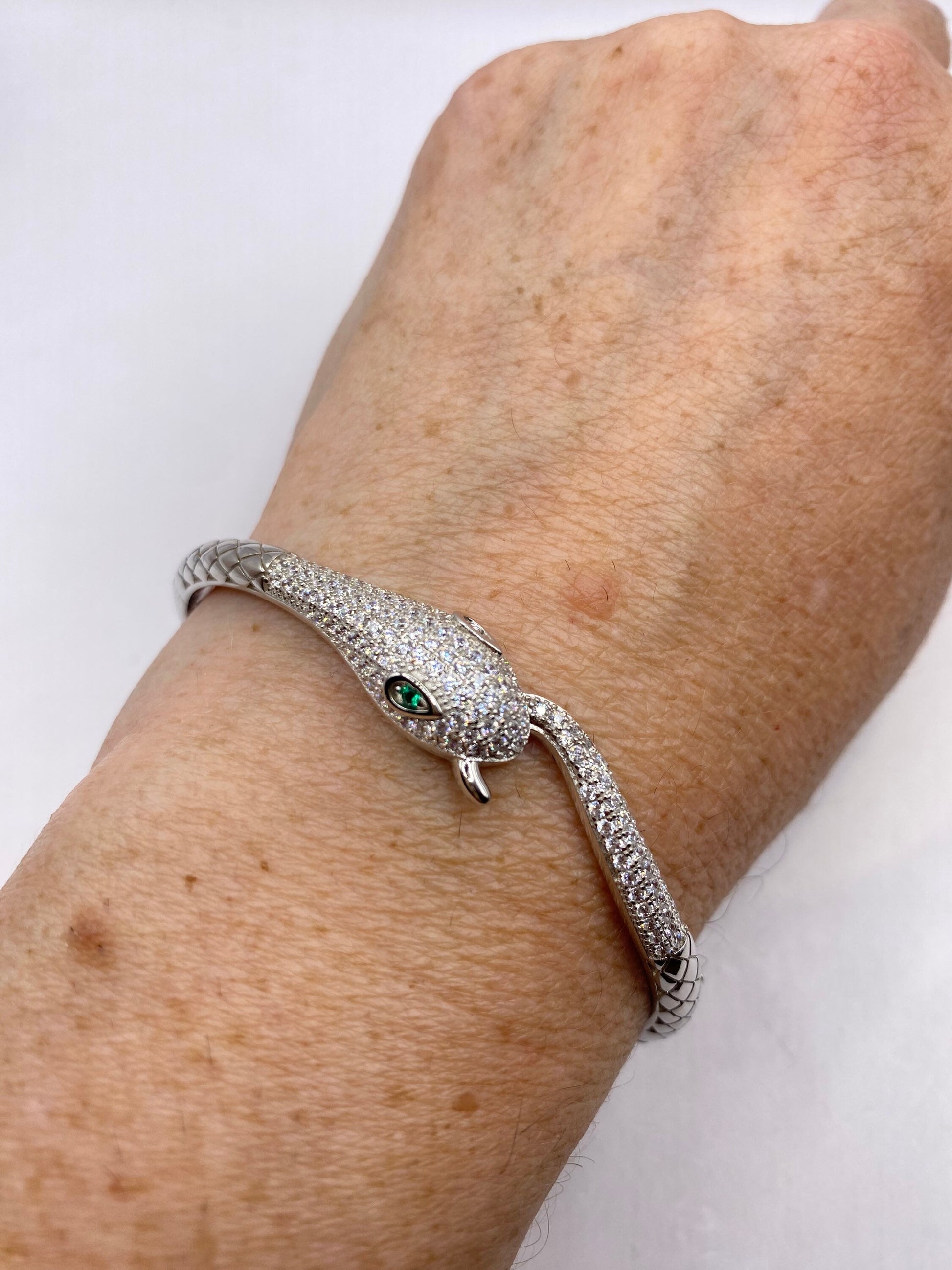 Vintage Snake Bangle Bracelet 925 Sterling Silver Crystal Pave