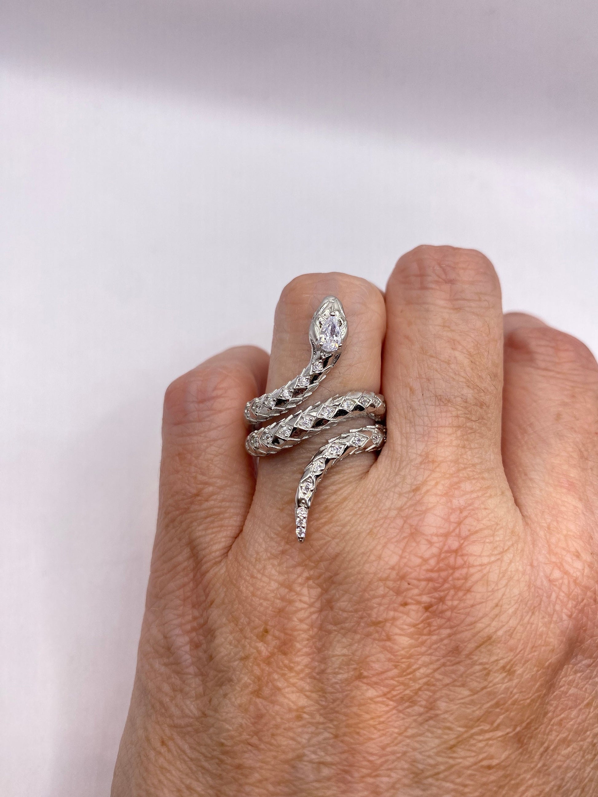 Vintage Sterling Silver Adjustable Crystal Snake Ring