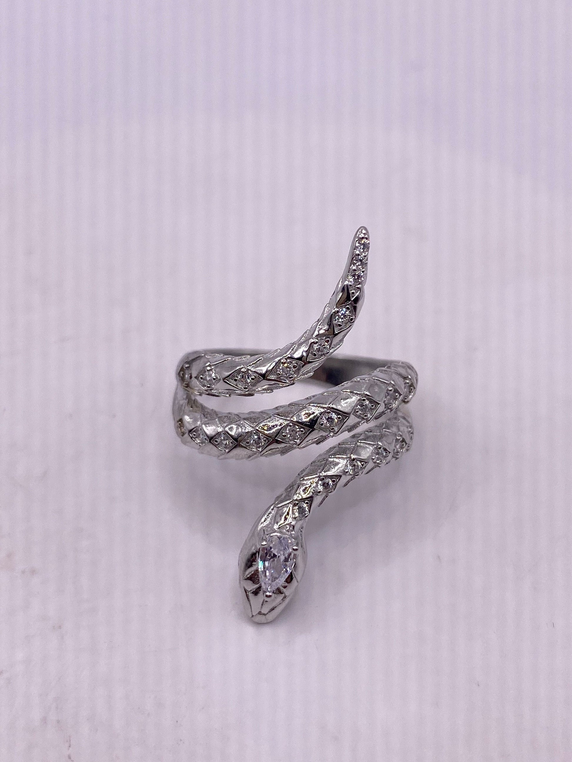 Vintage Sterling Silver Adjustable Crystal Snake Ring