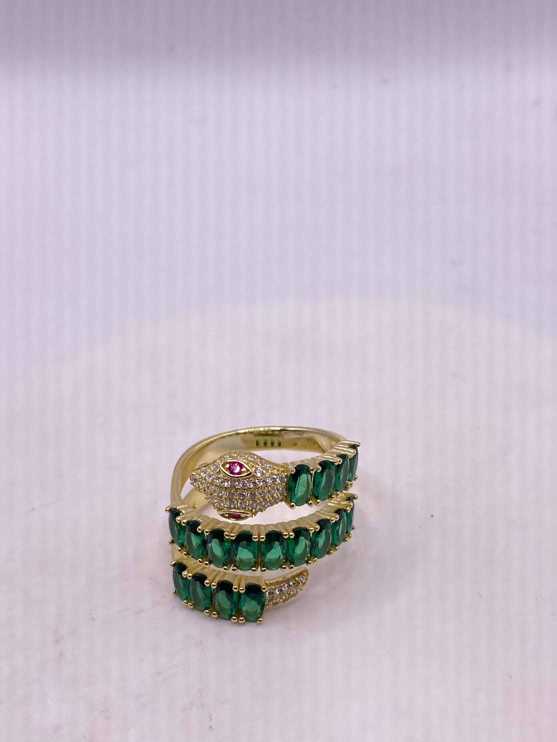 Vintage Gold Sterling Silver Adjustable Green Crystal Snake Ring