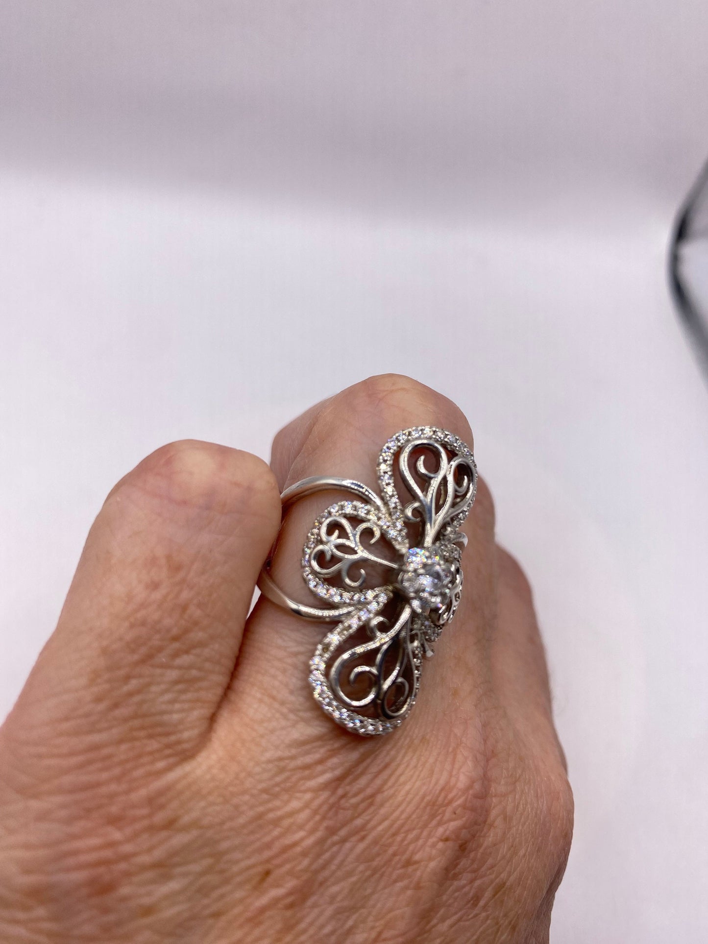 Vintage filigree white Sapphire Crystal Celtic Flower Sterling Silver ring