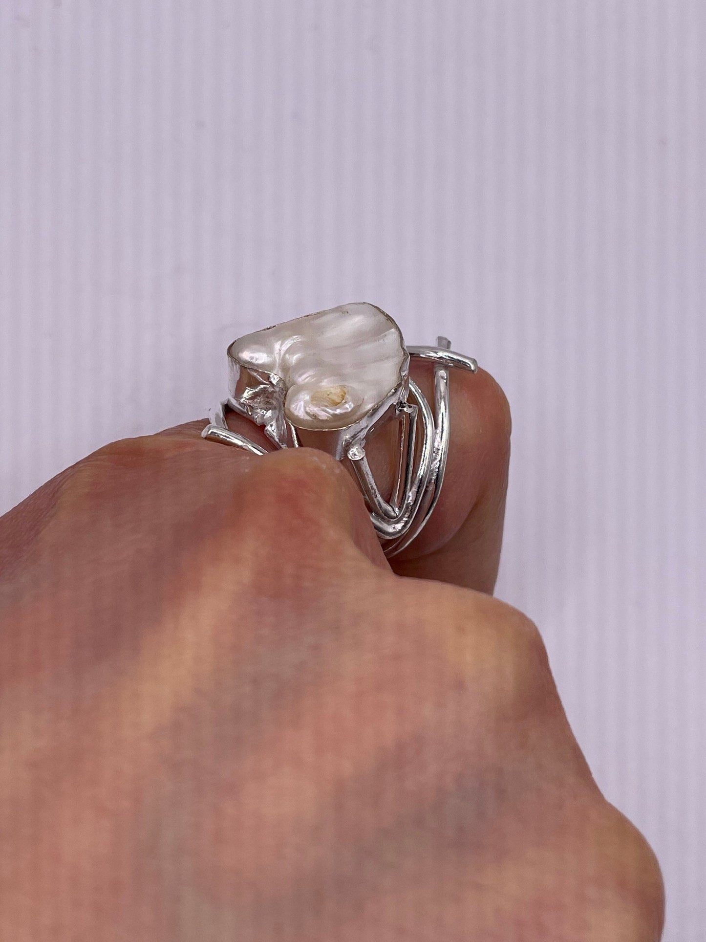 Vintage White Pearl Silver White Bronze Cocktail Ring