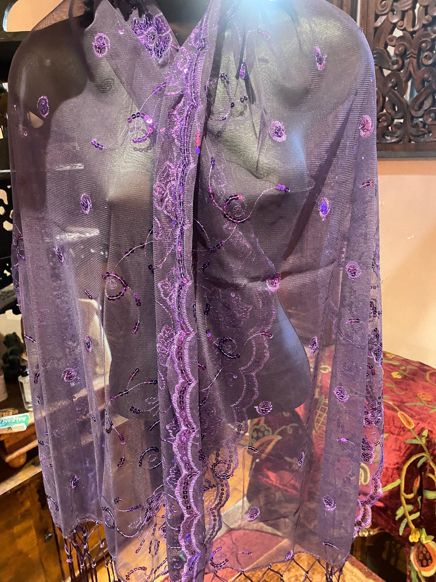 Vintage Styled Sheer Purple Sequined Embroidered Wrap Shawl