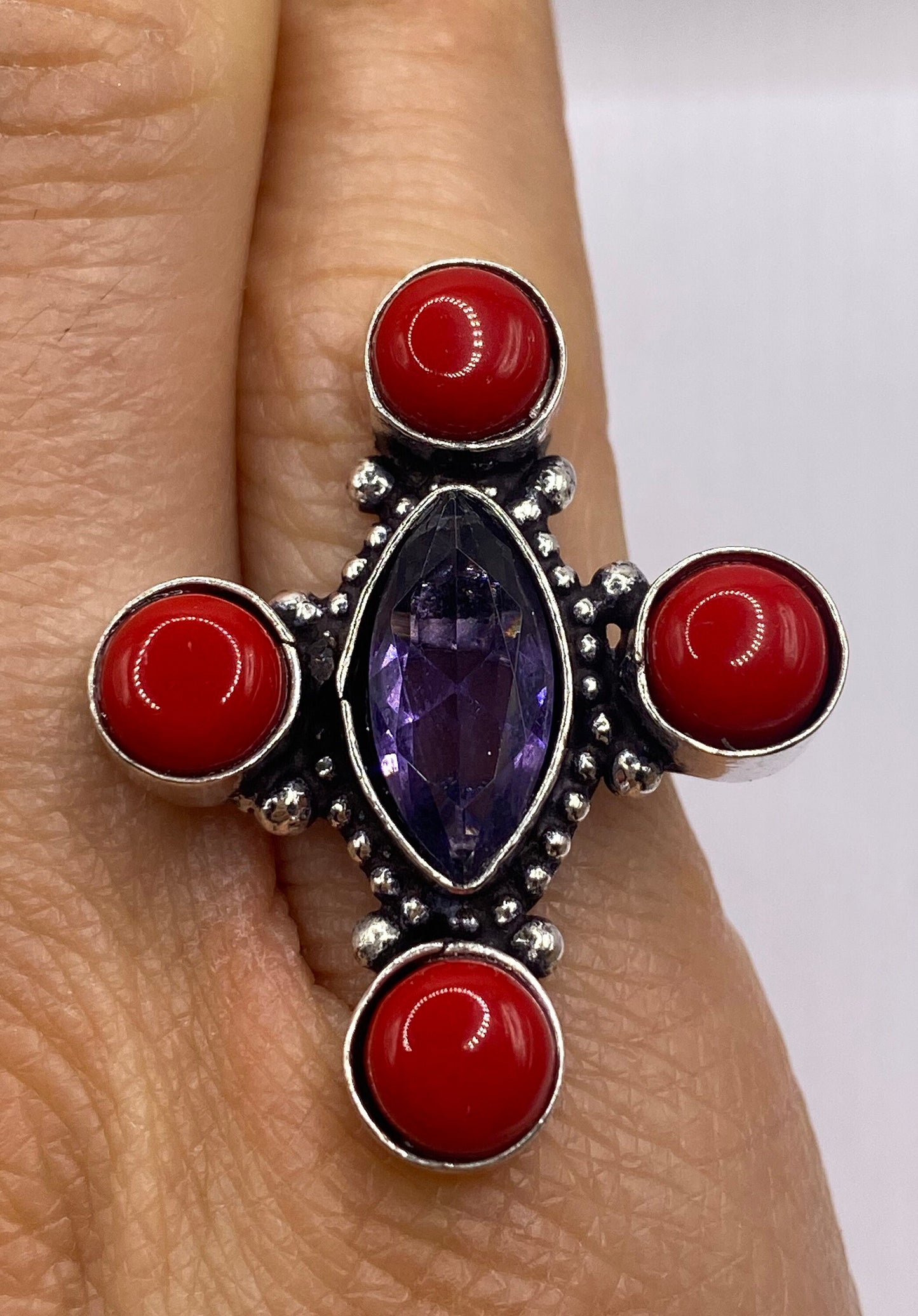 Vintage purple amethyst red coral Boho cocktail ring