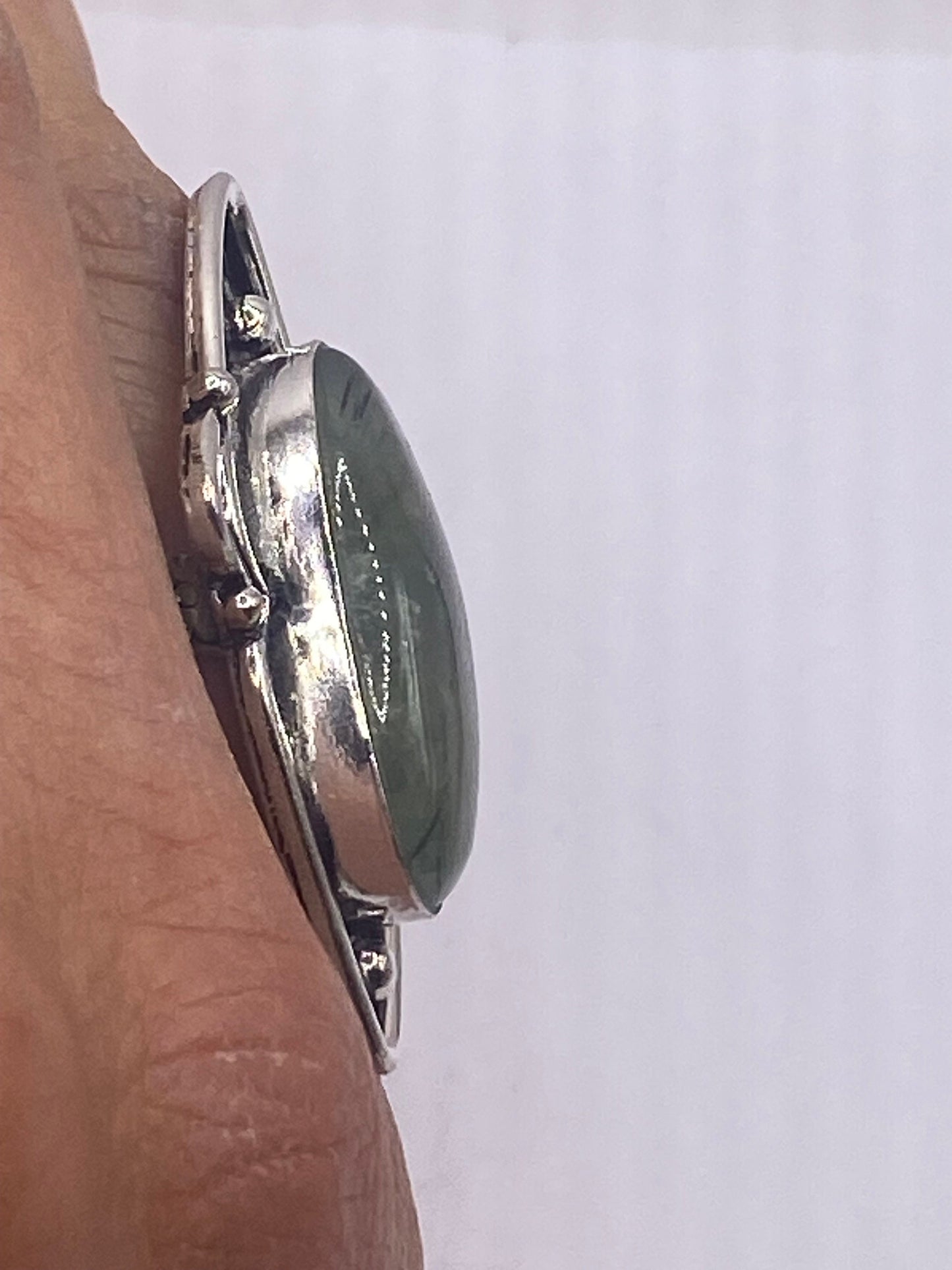 Vintage Green Nephrite Jade White Bronze Statement Ring