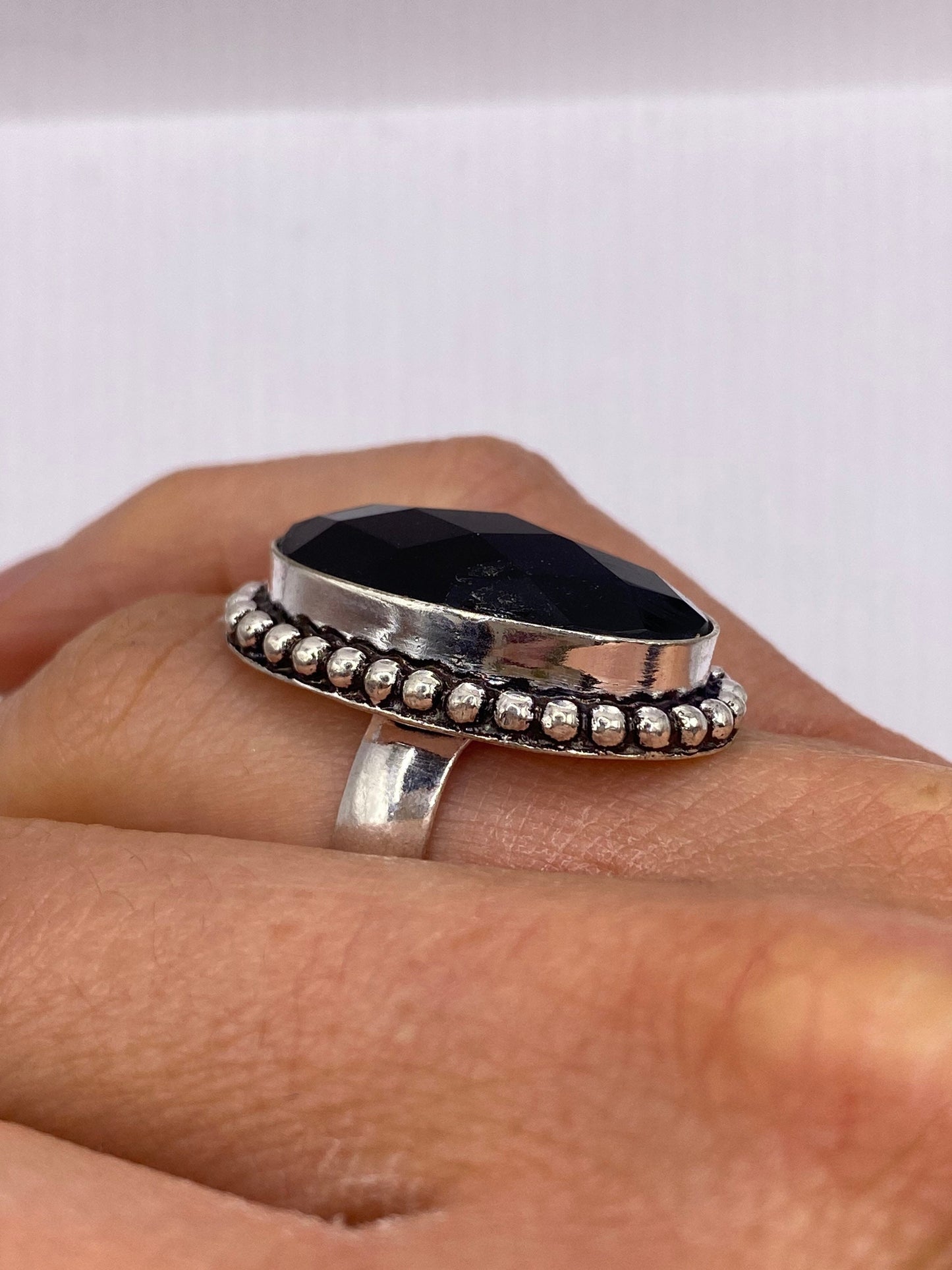 Vintage Black Onyx Silver Cocktail Ring Size 6.5