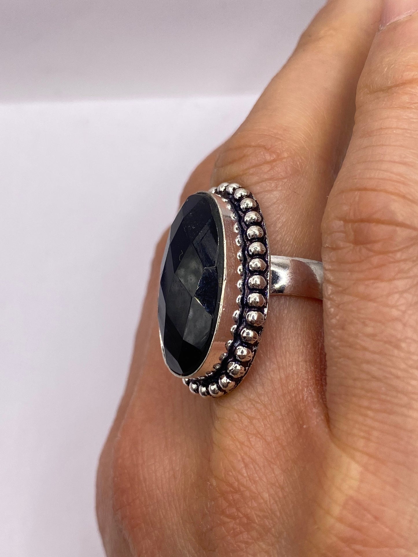 Vintage Black Onyx Silver Cocktail Ring Size 6.5