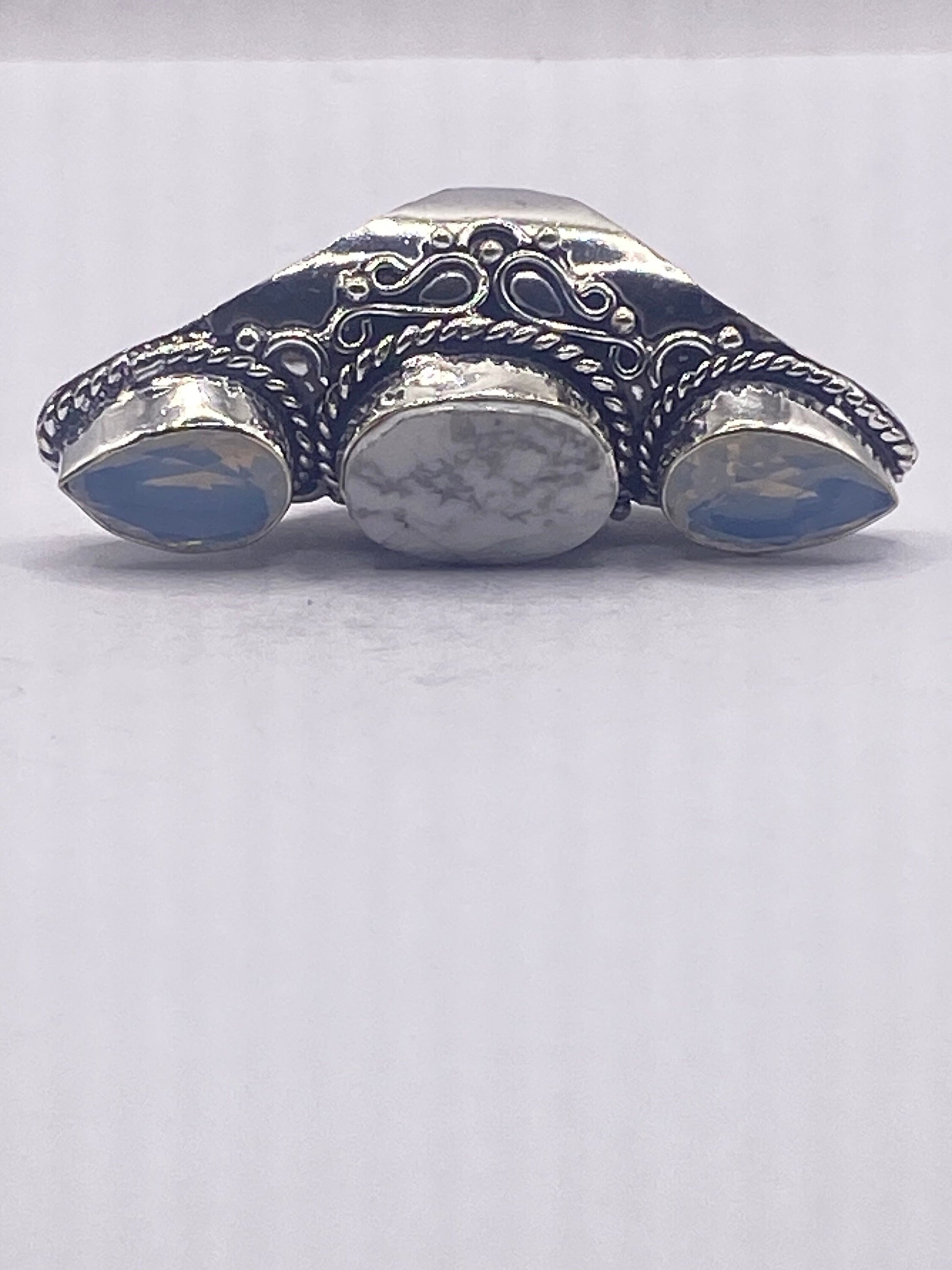 Vintage Blue White Rainbow Moonstone Bird Statement Ring Size 8.5