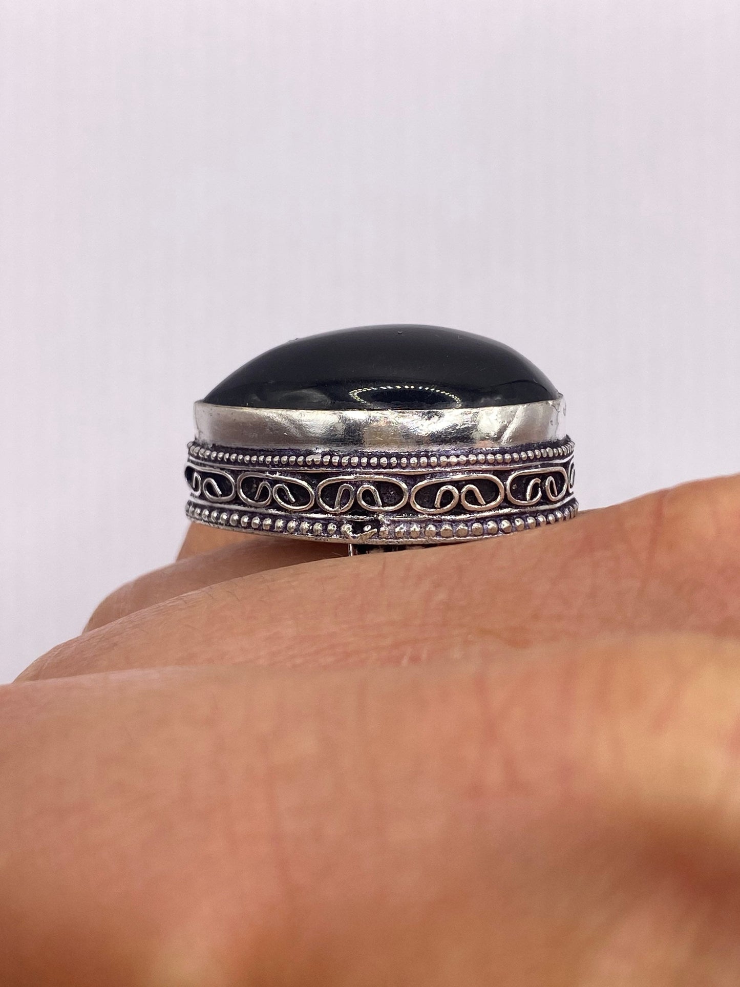 Vintage Black Onyx Silver Cocktail Ring Size 6.5