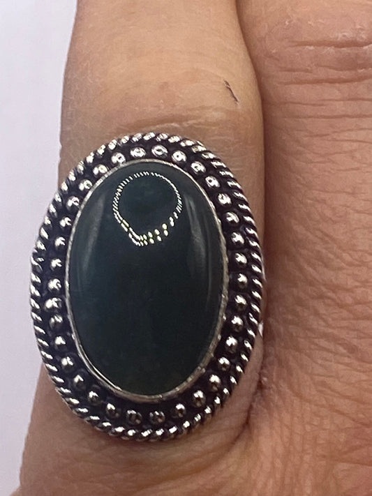 Vintage Green Nephrite Jade White Bronze Statement Ring