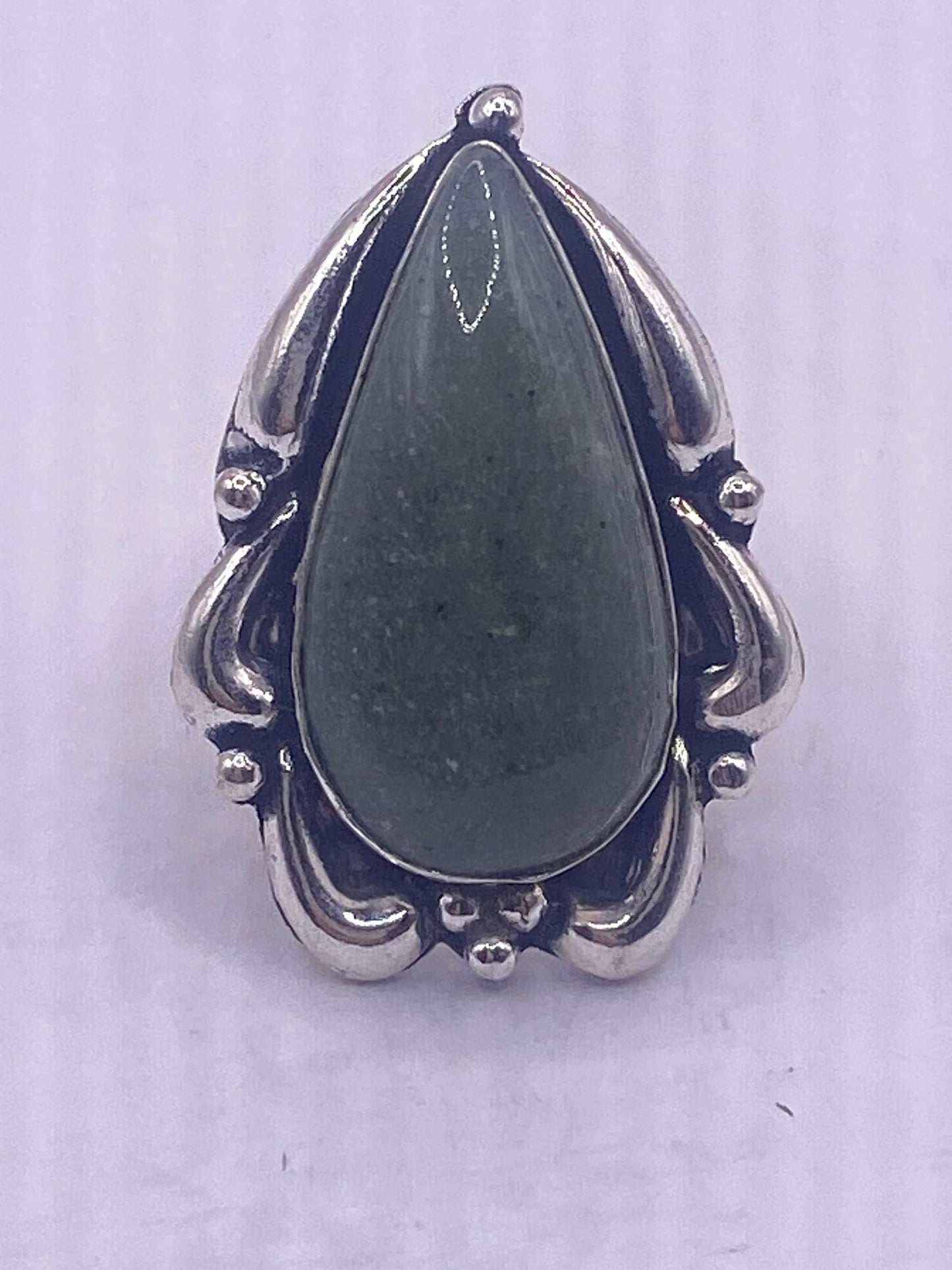 Vintage Green Nephrite Jade White Bronze Statement Ring