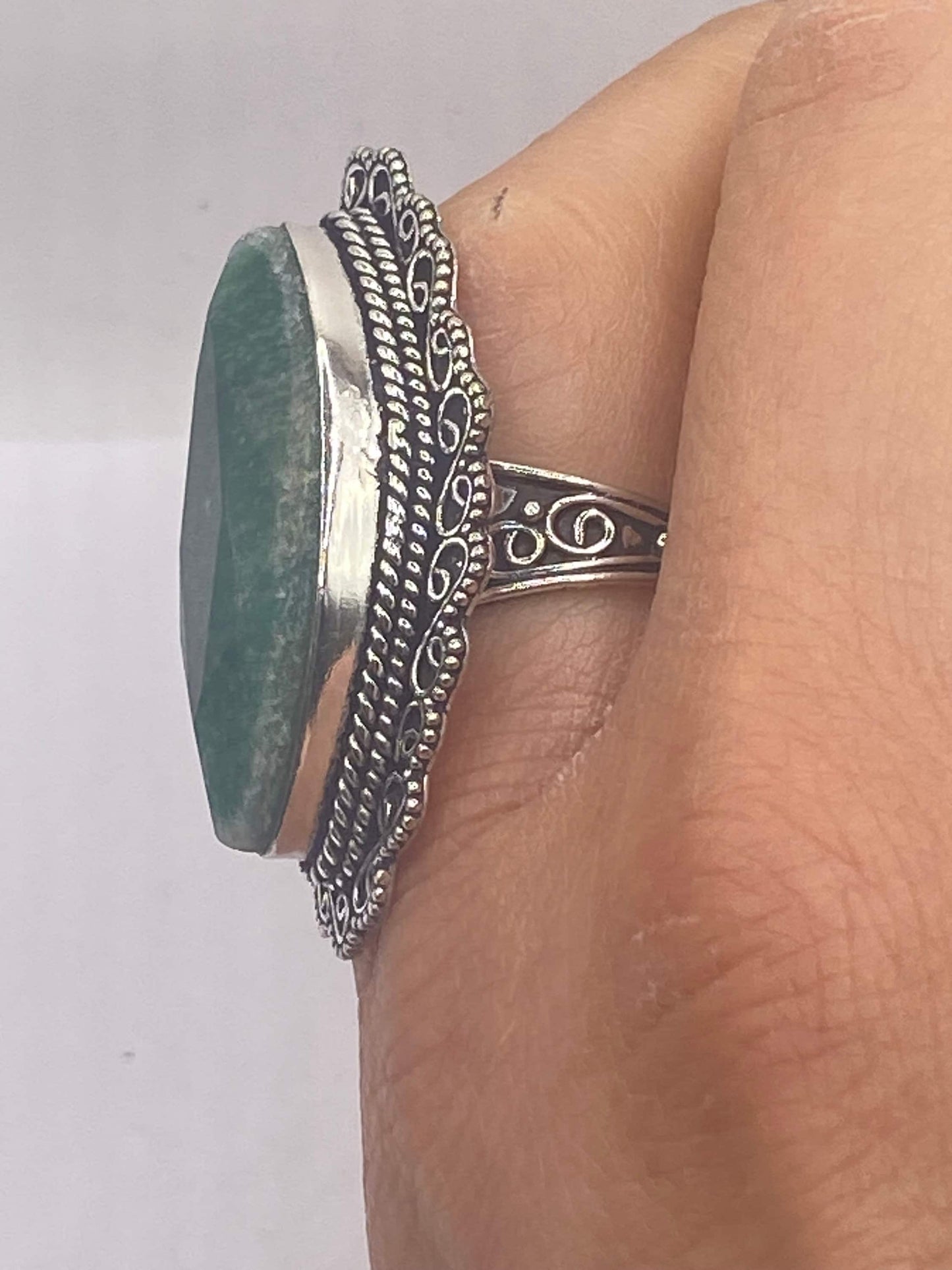 Vintage Green Raw Emerald Silver Bronze Statement Boho Ring