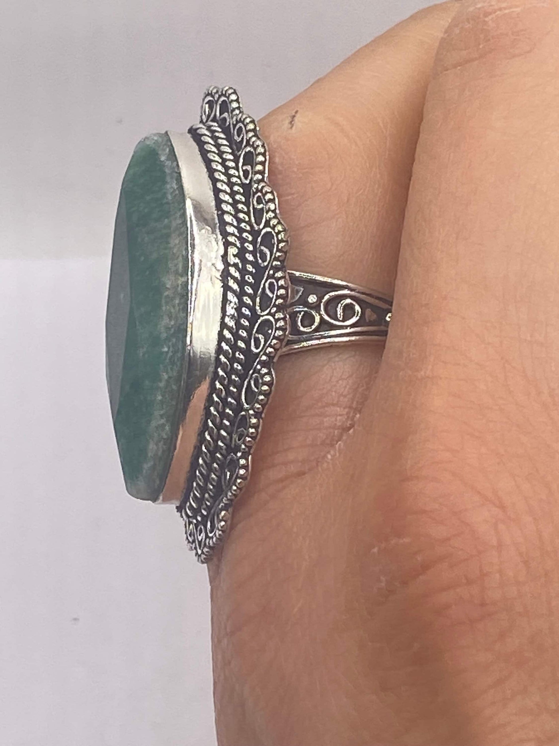 Vintage Green Raw Emerald Silver Bronze Statement Boho Ring