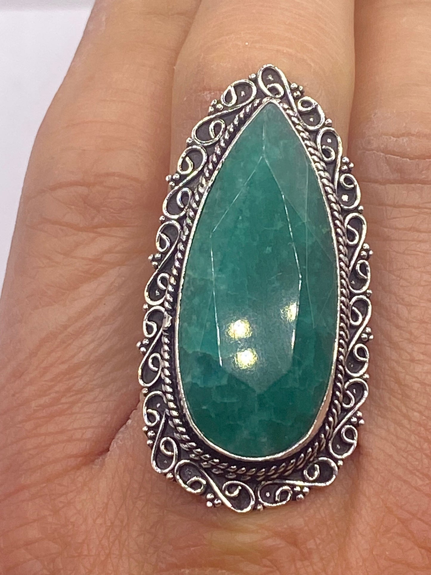 Vintage Green Raw Emerald Silver Bronze Statement Boho Ring