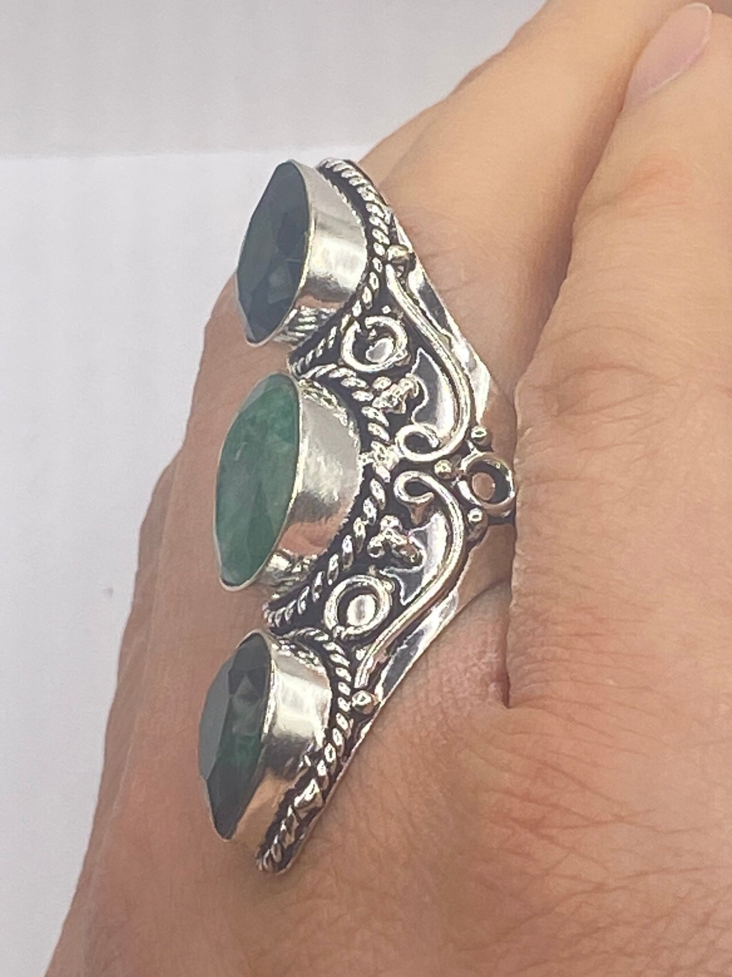 Vintage Green Raw Emerald Silver Bronze Statement Boho Ring