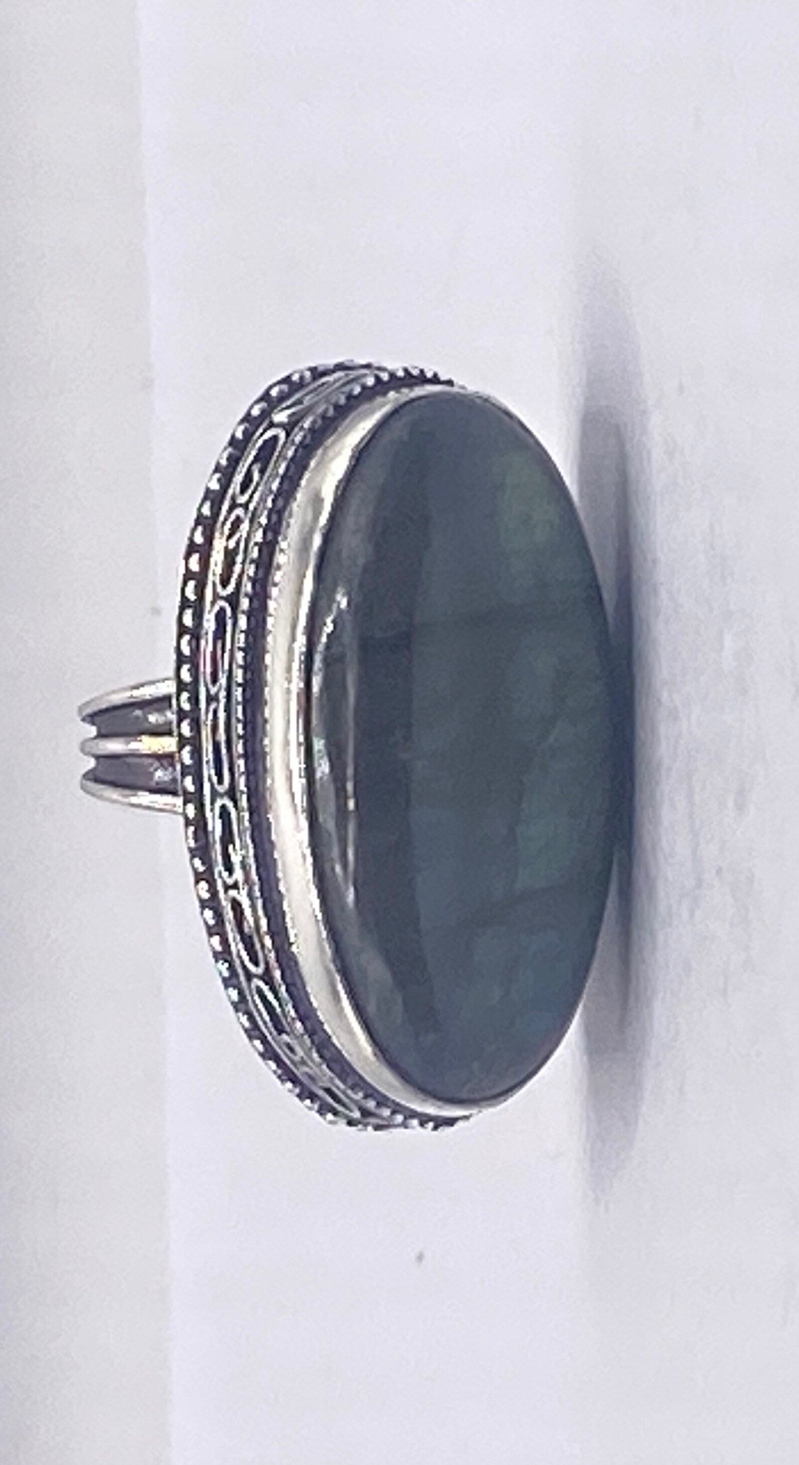 Vintage Large Bronze Green Labradorite Stone Silver Ring