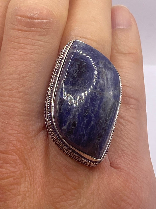 Vintage Blue Flower Carved Lapis Lazuli Ring