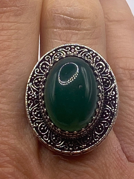 Vintage Green Emerald Chrysoprase White Bronze Silver Ring Adjustable
