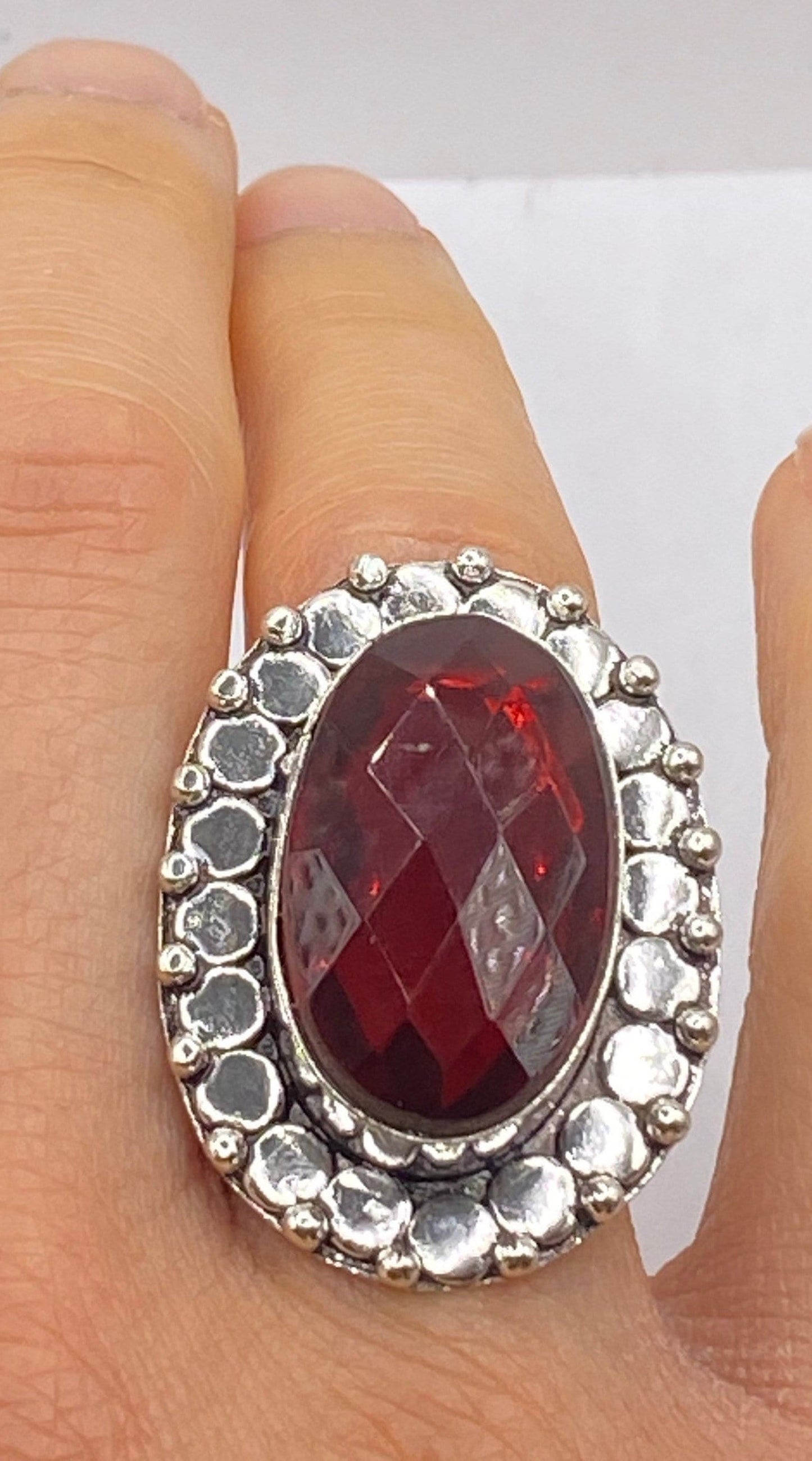 Vintage Red Ruby Glass White Bronze Silver Gothic Ring